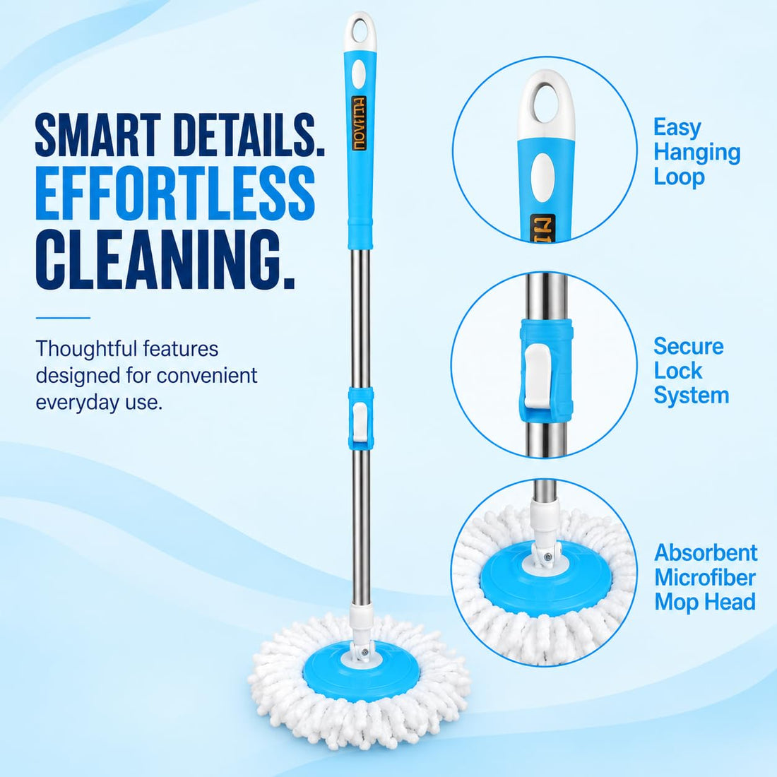Novita Lite Bucket Spin Mop Set with Easy Wring & Rinse System | 360° Telescopic Adjustable Handle | High Absorbency Microfiber Floor Mop | Removable Wringer | Bucket Set with 1 Extra Refill (Blue)
