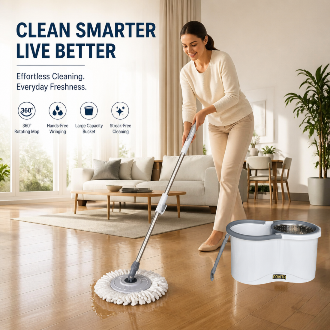 NOVITA 360° Spin Mop Bucket Combo with Steel Handle, Microfiber Refill, Drain System & Wheels – White & Grey