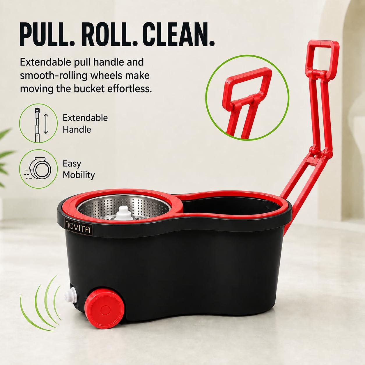 Novita 360° Spin Mop Bucket Set | Steel Jali with Heavy Smart System | Easy Rinse | Telescopic Microfiber Mop |1+1 Refill | Pocha | Wheels | Removes Over 99%* Bacteria- (Red & Black)