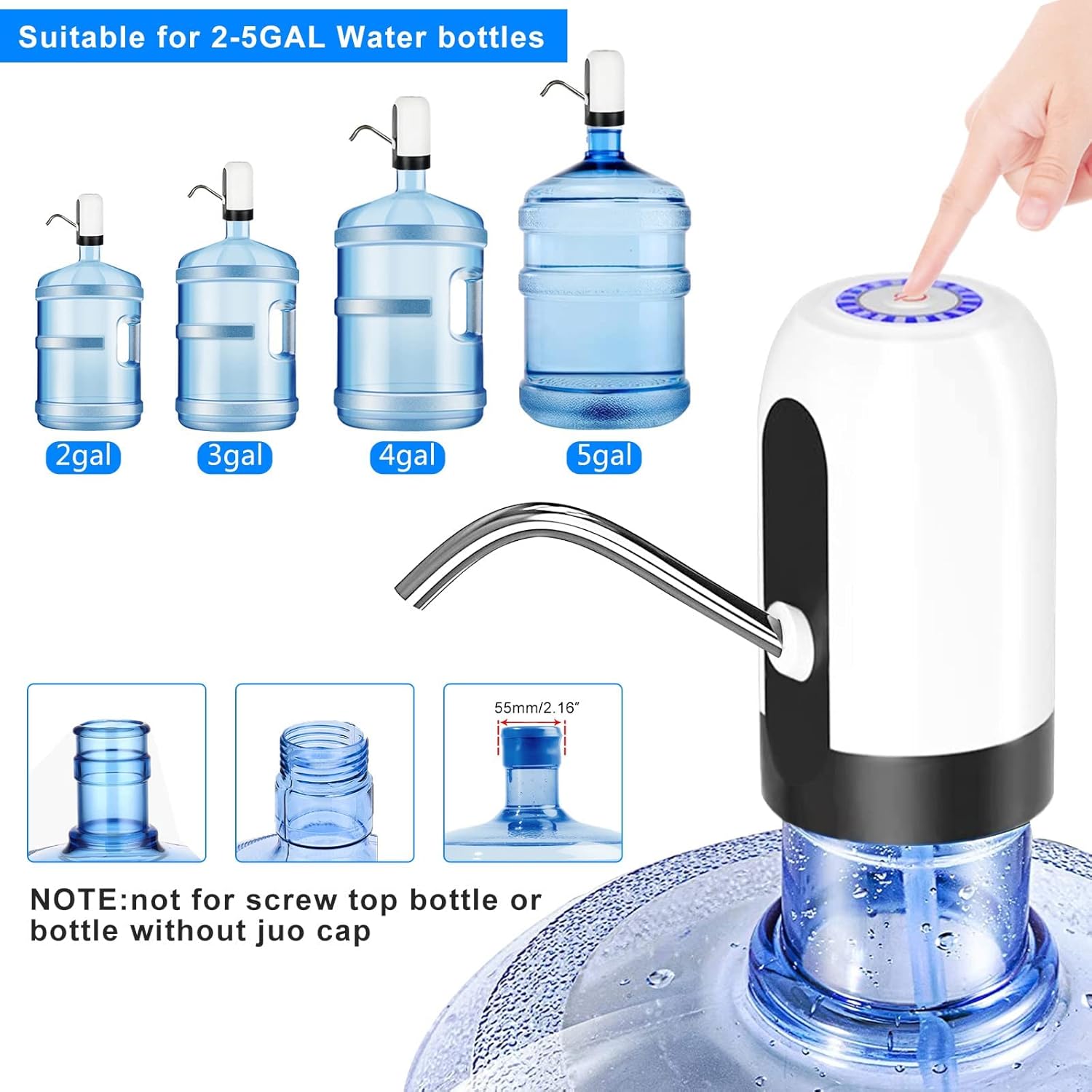 Novita Drinking Water Pump Water Bottle Electric Water Pump Dispenser Drinking Bottle Switch Pump USB Charging Caps Fits Most Gallon Bottles for Home Office-White