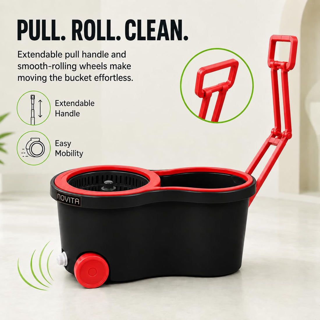 Novita 360° Spin Mop Bucket Set | Plastic Jali with Smart System | Easy Rinse | Telescopic Microfiber Mop |1+1 Refill | Pocha | Wheels | Removes Over 99%* Bacteria- (Red & Black)