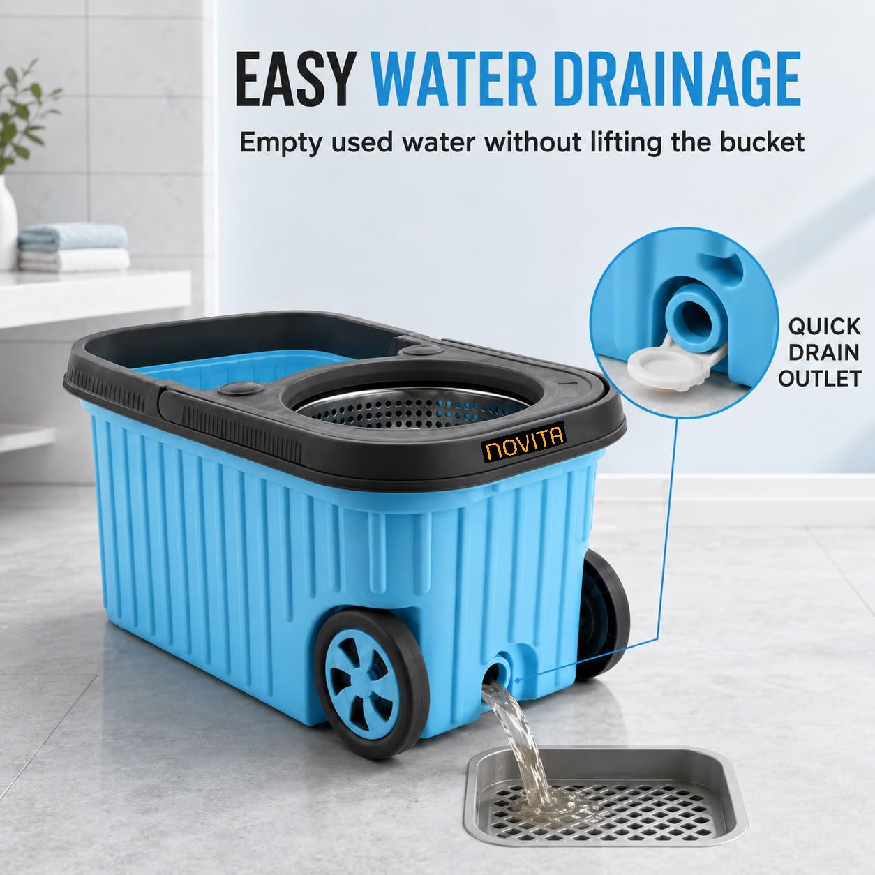 Novita 360° Spin Mop Bucket Set | Steel Jali with Heavy Smart System | Easy Rinse | Telescopic Microfiber Mop & Soap Dispenser |1+1 Refill | Pocha | Big Wheels | Removes Over 99%* Bacteria- (Blue)