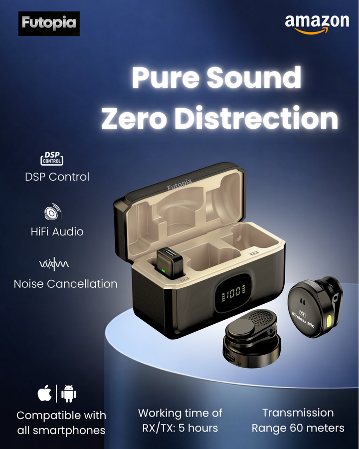 Wireless Rechargeable Microphone with Charging Base 300mAh, Noise Cancellation Mic, Clip-On Collar, 3Hr Playtime, 20m Range Perfect for YouTube, Podcast, Vlogging, Streaming & Video Recording