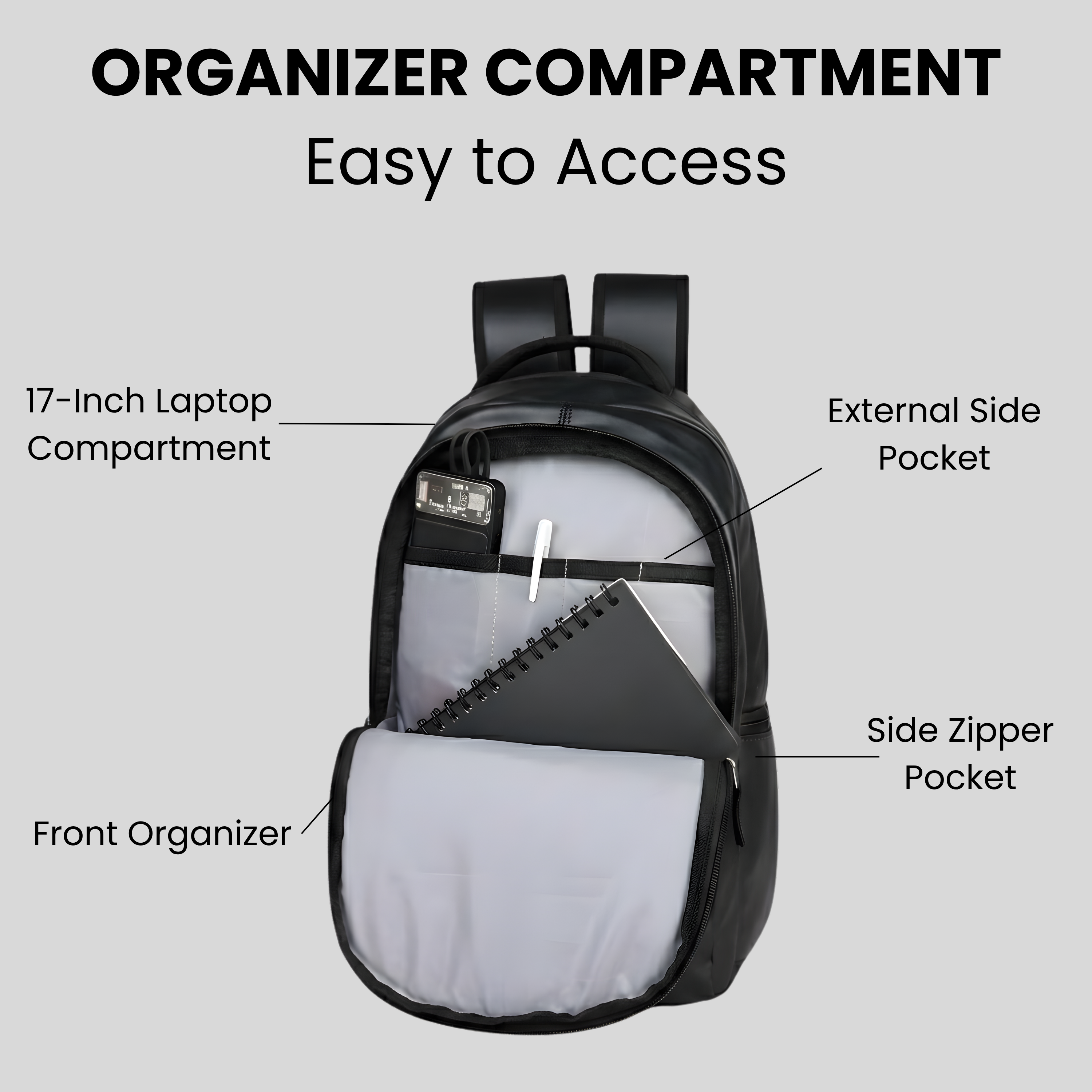 Futopia Large 35L Capacity Backpack Pu Leather Casual Bag With Fits Up To 17.3 Inch Laptop, Organizer Compartments | Back Zipper Pocket, Side Bottle & Small Zipper Pocket, For Men And Women, Unisex - black