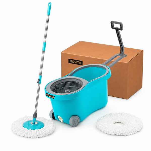 Novita 360° Spin Mop Bucket Set | Plastic Jali with Heavy Smart System | Easy Rinse | Telescopic Microfiber Mop |1+1 Refill | Pocha | Wheels | Removes Over 99%* Bacteria- (Aqua Blue)