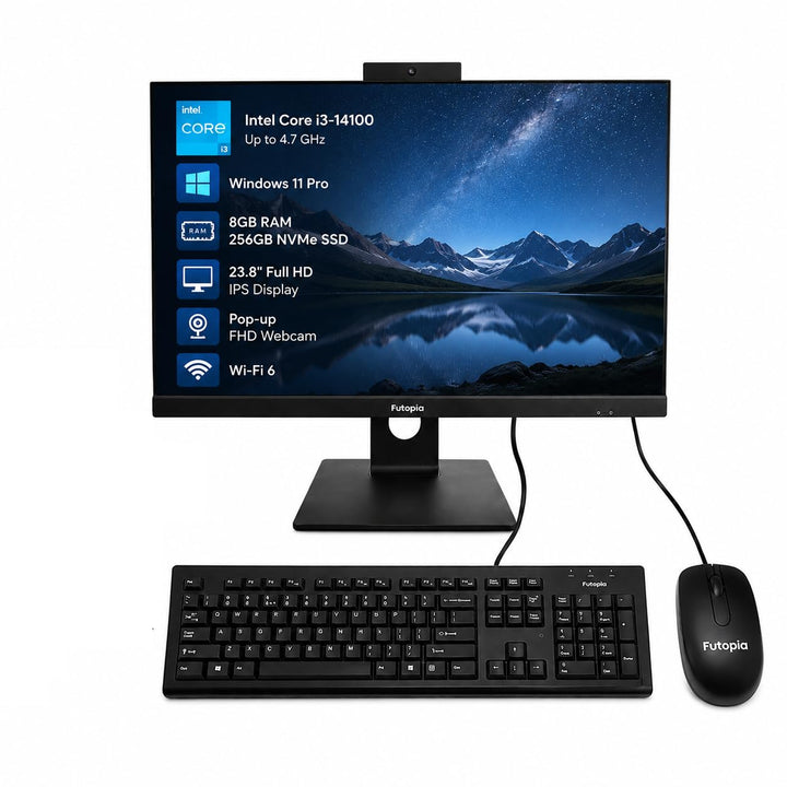 FUTOPIA A111261 All-in-One Desktop PC | Intel Core i3-14100 | 23.8" Full HD IPS Display | 8GB DDR4 RAM | 256GB NVMe SSD | Windows 11 Pro | WiFi 6 | Webcam & Mic