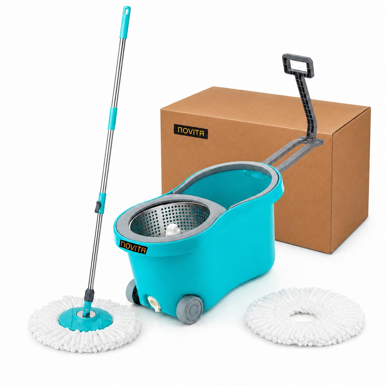 Novita 360° Spin Mop Bucket Set | Steel Jali with Heavy Smart System | Easy Rinse | Telescopic Microfiber Mop |1+1 Refill | Pocha | Wheels | Removes Over 99%* Bacteria- (Aqua Blue)