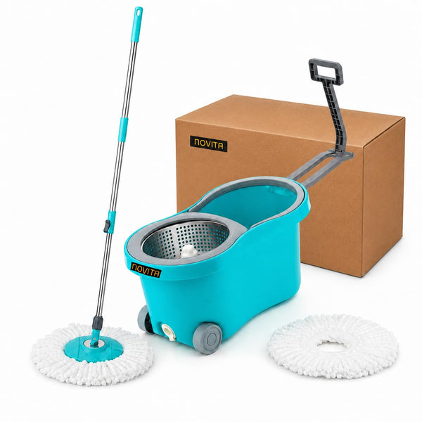 Novita 360° Spin Mop Bucket Set | Steel Jali with Heavy Smart System | Easy Rinse | Telescopic Microfiber Mop |1+1 Refill | Pocha | Wheels | Removes Over 99%* Bacteria- (Aqua Blue)