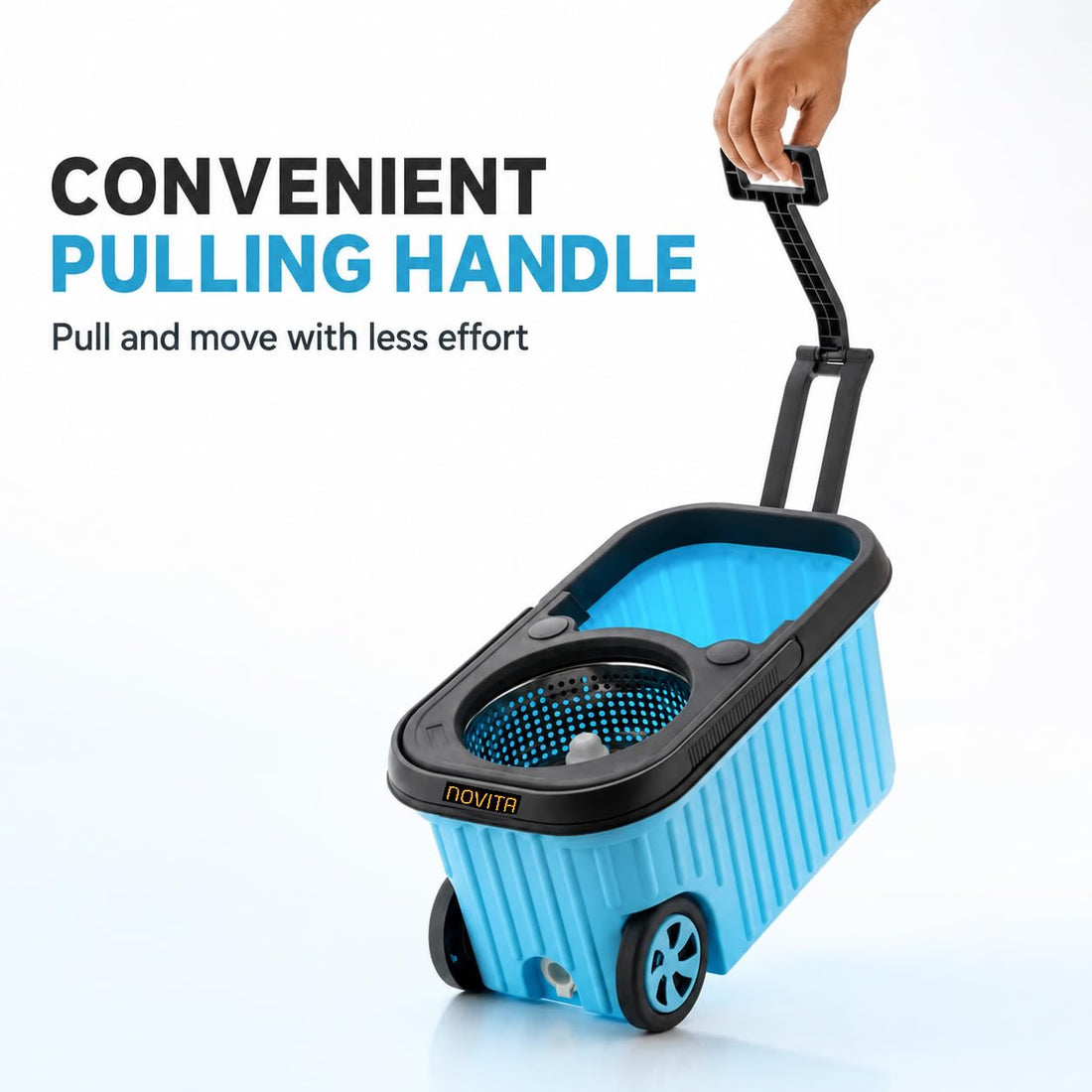 Novita 360° Spin Mop Bucket Set | Steel Jali with Heavy Smart System | Easy Rinse | Telescopic Microfiber Mop & Soap Dispenser |1+1 Refill | Pocha | Big Wheels | Removes Over 99%* Bacteria- (Blue)