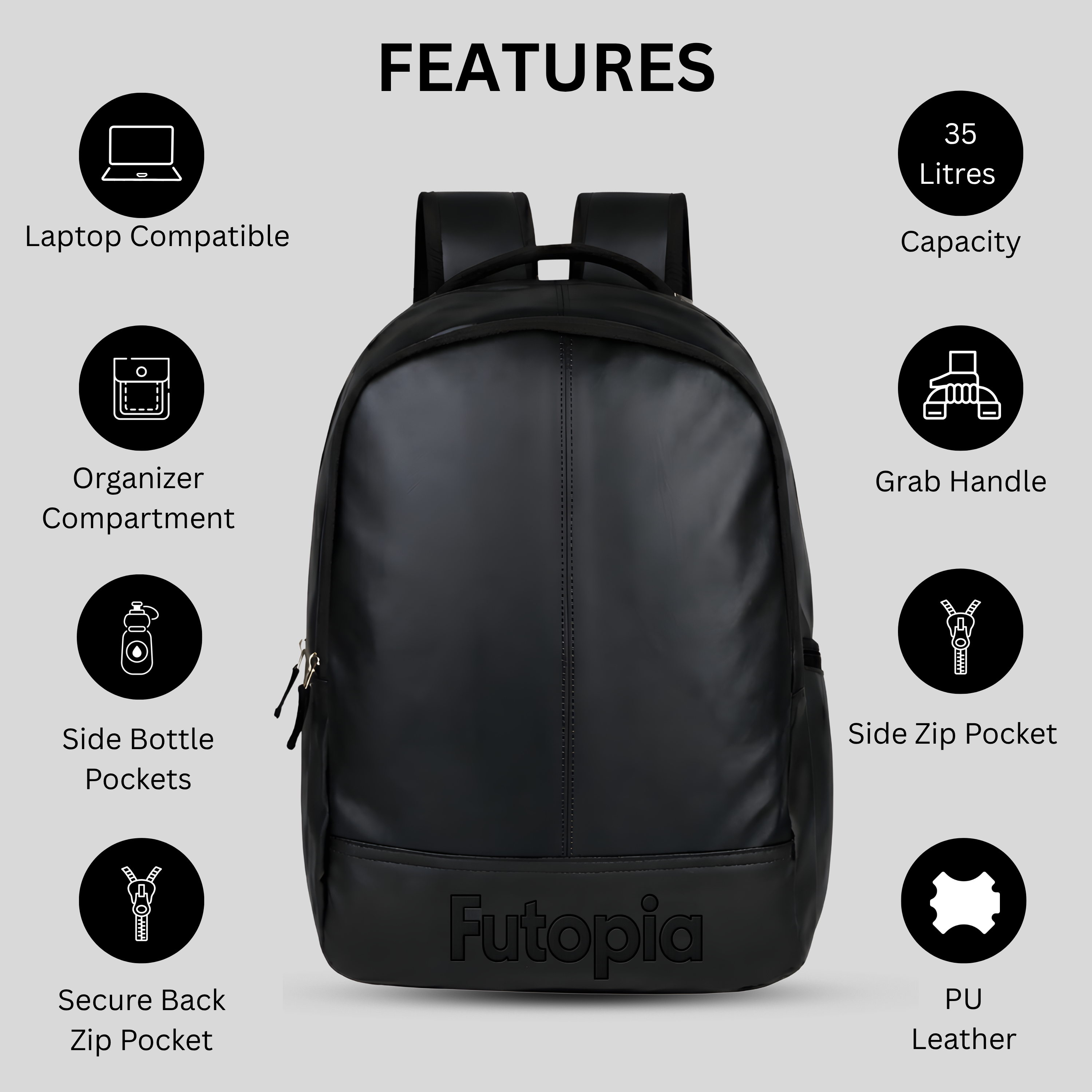 Futopia Large 35L Capacity Backpack Pu Leather Casual Bag With Fits Up To 17.3 Inch Laptop, Organizer Compartments | Back Zipper Pocket, Side Bottle & Small Zipper Pocket, For Men And Women, Unisex - black