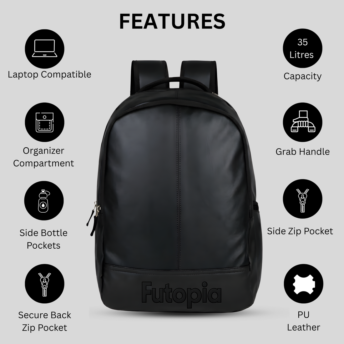 Futopia Large 35L Capacity Backpack Pu Leather Casual Bag With Fits Up To 17.3 Inch Laptop, Organizer Compartments | Back Zipper Pocket, Side Bottle & Small Zipper Pocket, For Men And Women, Unisex - black