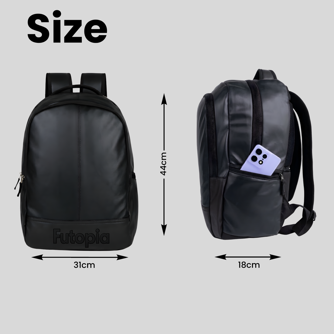 Futopia Large 35L Capacity Backpack Pu Leather Casual Bag With Fits Up To 17.3 Inch Laptop, Organizer Compartments | Back Zipper Pocket, Side Bottle & Small Zipper Pocket, For Men And Women, Unisex - black