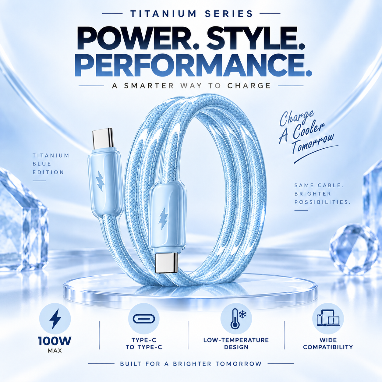 Futopia Titanium Series Low-Temperature Crystal Cable, Type-C to Type-C 100W Fast Charging, Compatible with iPhone 15–17 & Android