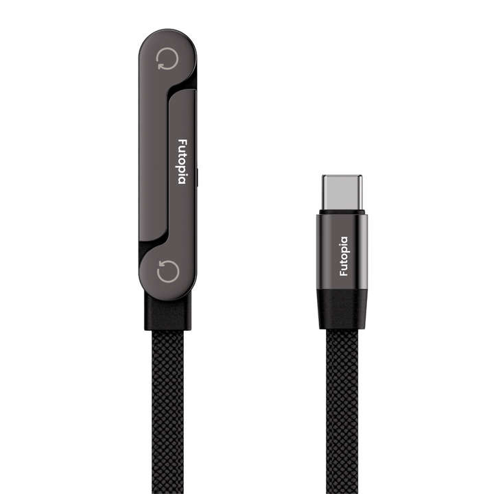 Futopia 2-in-1 240W Fast Charging Type-C to Type-c Cable with Built-in Adjustable Metal Invisible Holder Phone Stand | 1.5m Durable Braided Cable for Smartphones, Tablets, Laptops, Gaming - Black