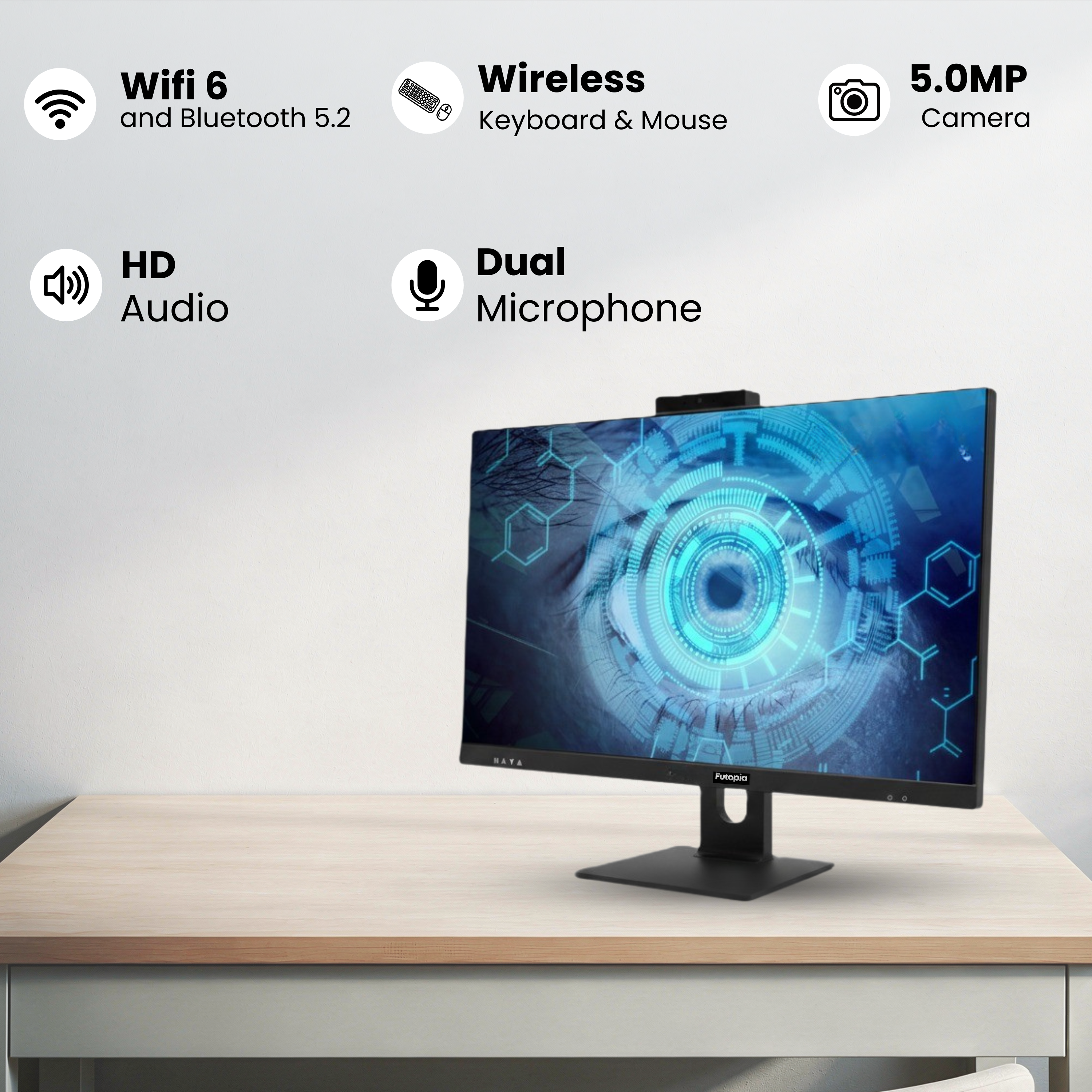 FUTOPIA A111261 All-in-One Desktop PC | Intel Core i3-14100 | 23.8" Full HD IPS Display | 8GB DDR4 RAM | 256GB NVMe SSD | Windows 11 Pro | WiFi 6 | Webcam & Mic