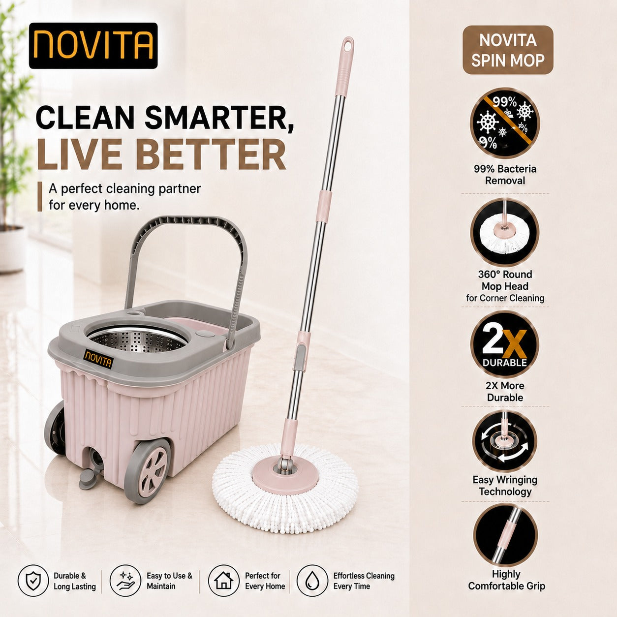 Novita Premium 360° Spin Mop Bucket Set | Steel Jali with Heavy Smart System | Easy Rinse | Telescopic Microfiber Mop & Soap Dispenser |1+1 Refill | Pocha | Big Wheels | Removes Over 99%* Bacteria
