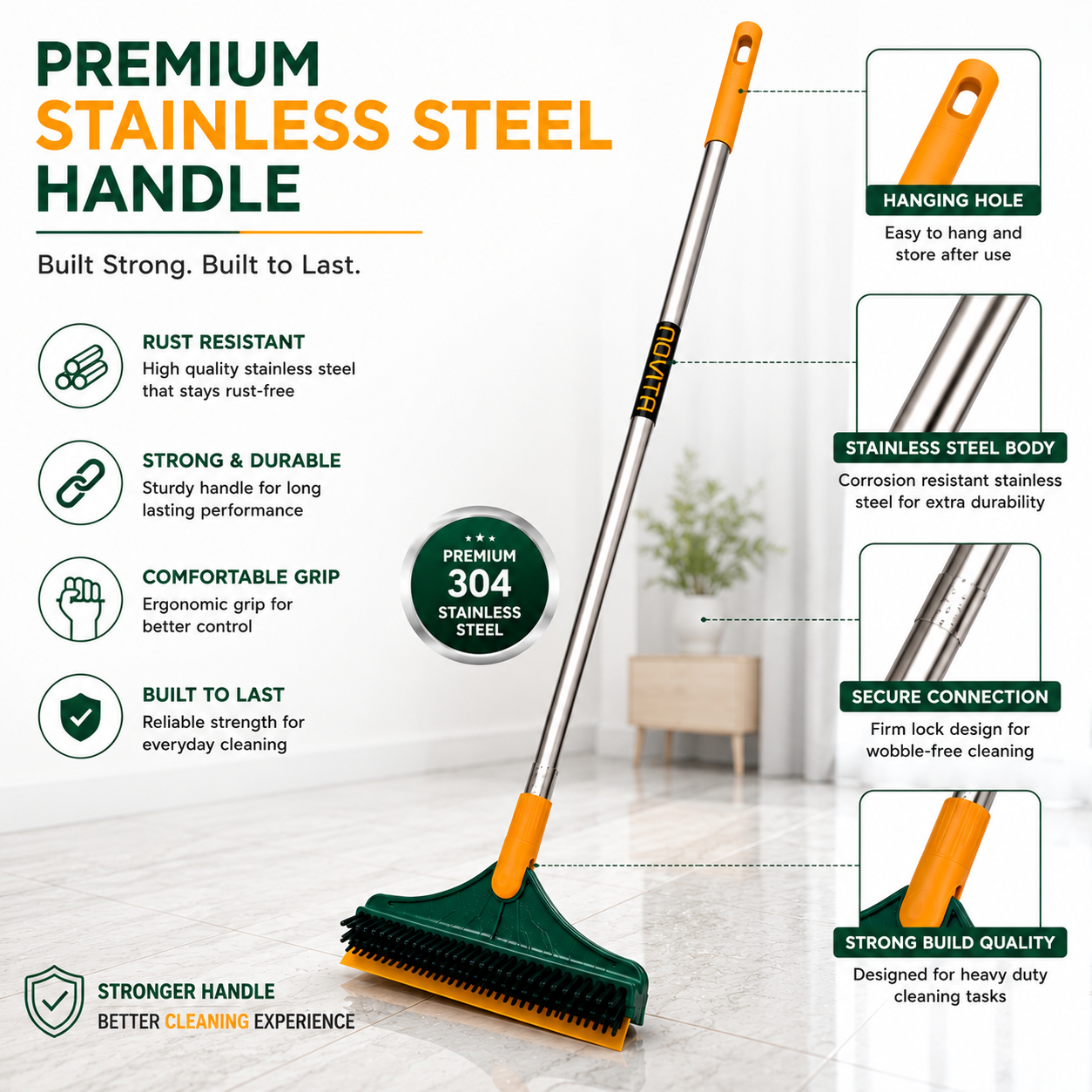Novita 3-in-1 Bathroom Cleaning Brush with Wiper, Long Handle 180° Rotating Floor Scrub Brush, Hard Bristle Tile & Toilet Cleaning Brush for Bathroom, Kitchen