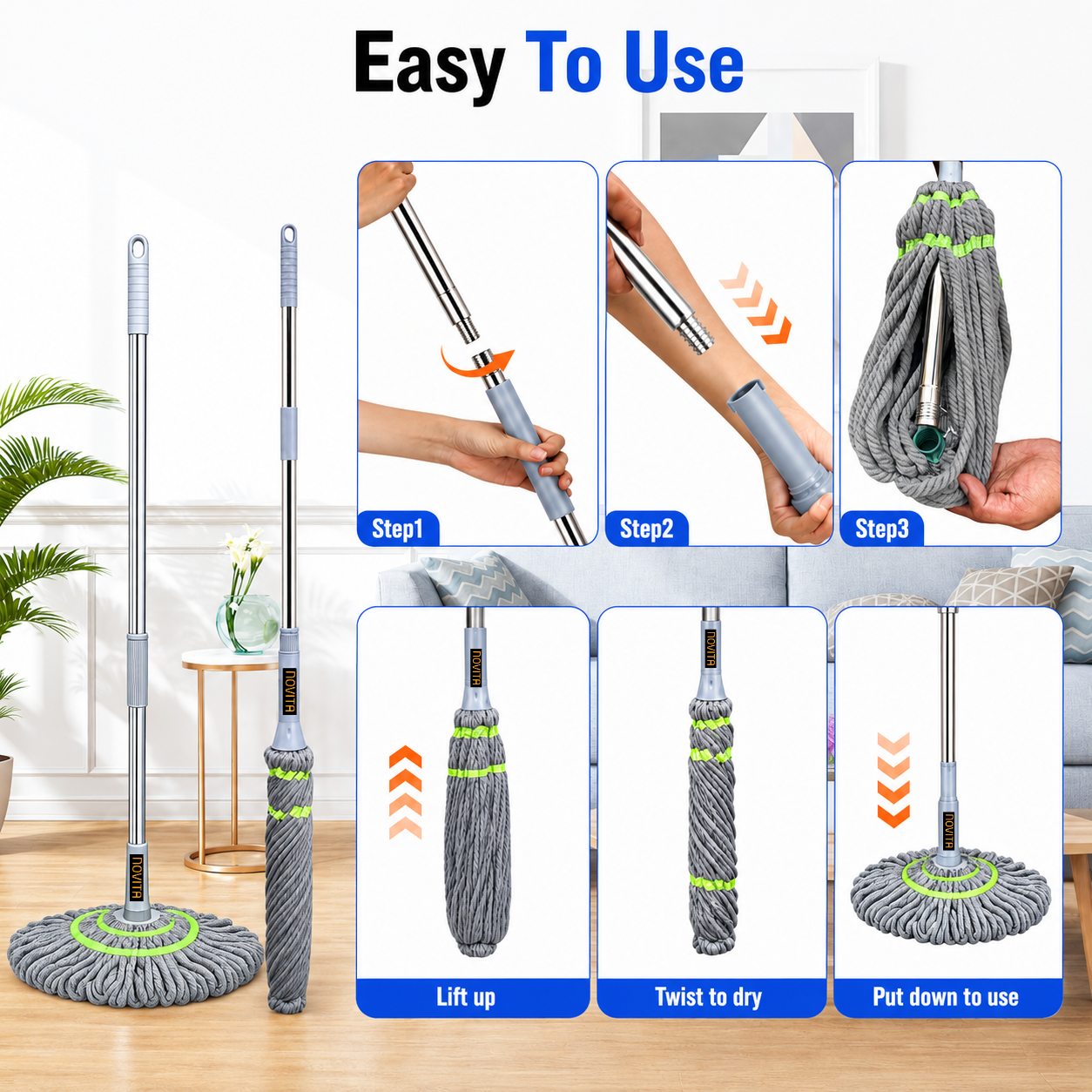 Novita Self-Wringing Twist Mop – Easy Squeeze Floor Cleaner with 360 Degree Rotation, Extendable Stainless Steel Long Handle & Super Absorbent Microfiber Heads for Home & Office Floor Cleaning