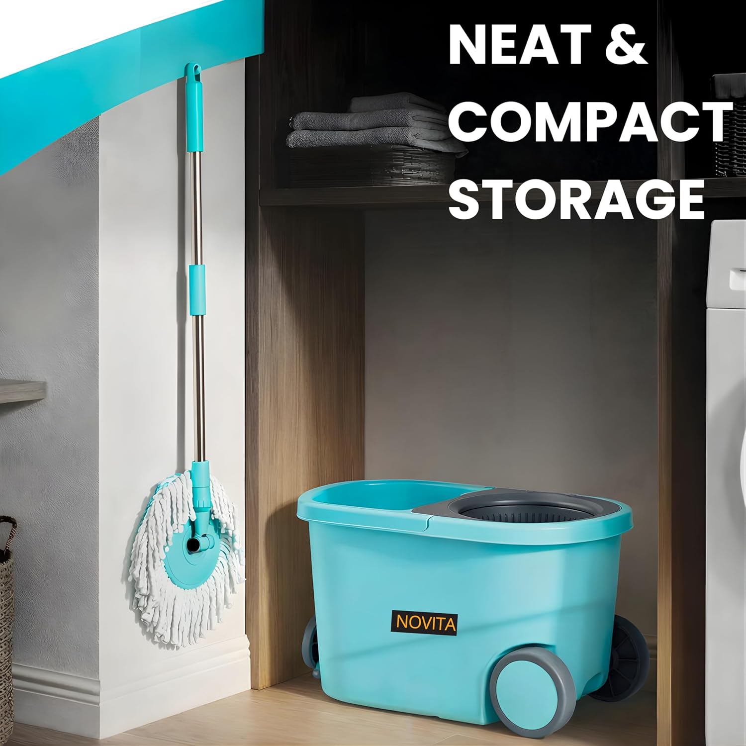 NOVITA 360° Premium Spin Mop & Bucket Combo with Stainless Steel Handle & Super-Absorbent Microfiber Heads – Blue