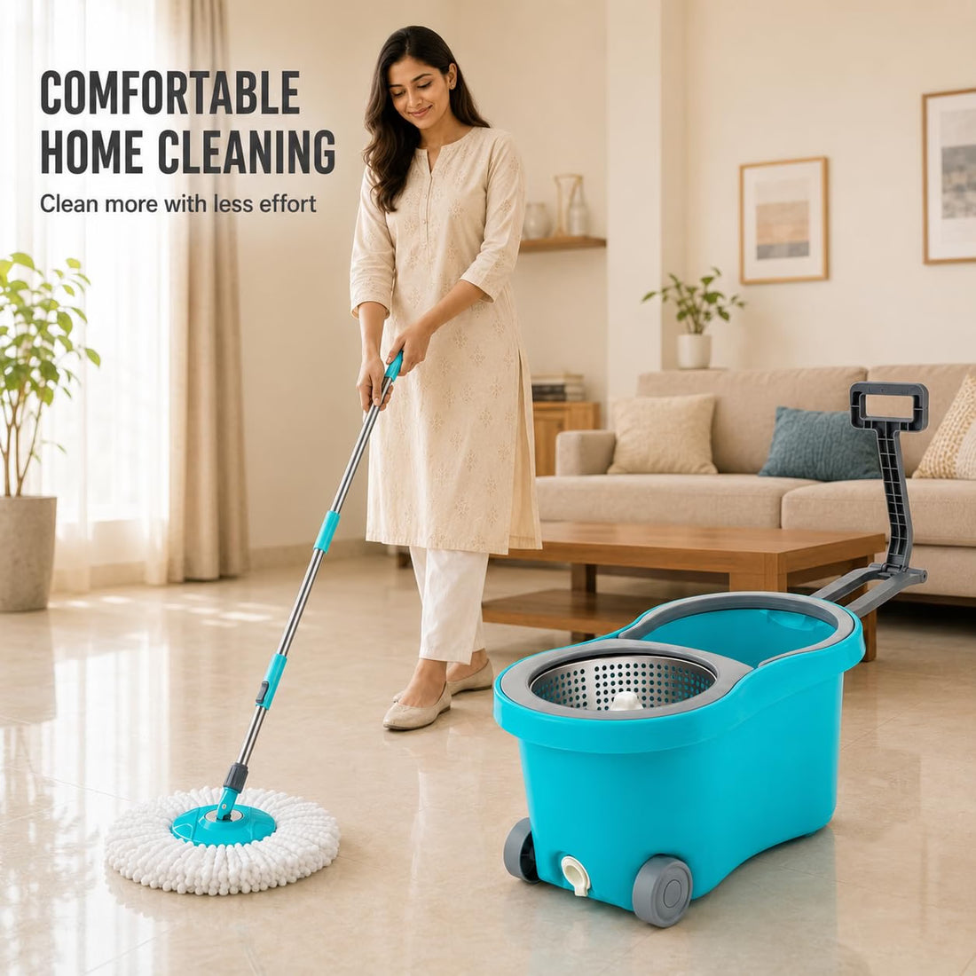 Novita 360° Spin Mop Bucket Set | Steel Jali with Heavy Smart System | Easy Rinse | Telescopic Microfiber Mop |1+1 Refill | Pocha | Wheels | Removes Over 99%* Bacteria- (Aqua Blue)