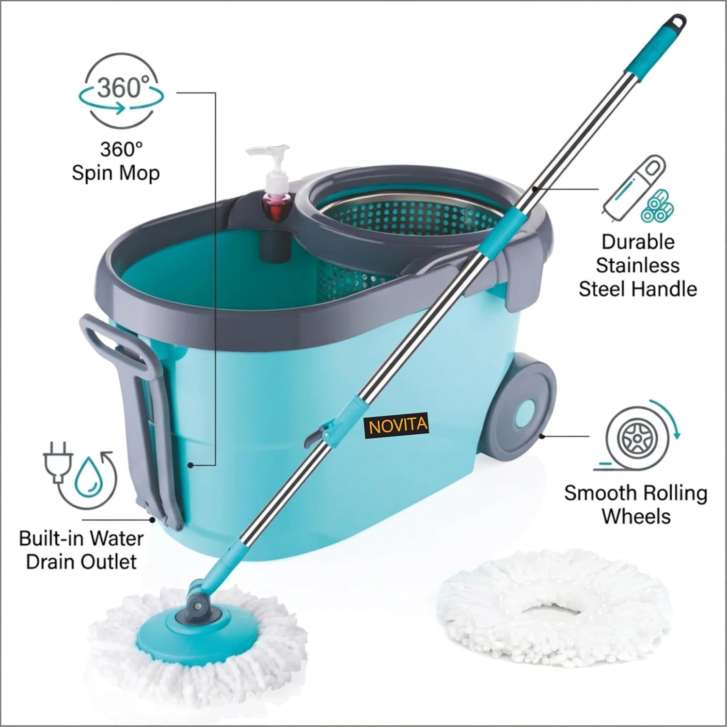 NOVITA 360° Spin Mop & Bucket with Wheels Floor Cleaning Spin Mop Bucket with Large Wheels, Adjustable Handle & 2 Microfiber Refills – Blue