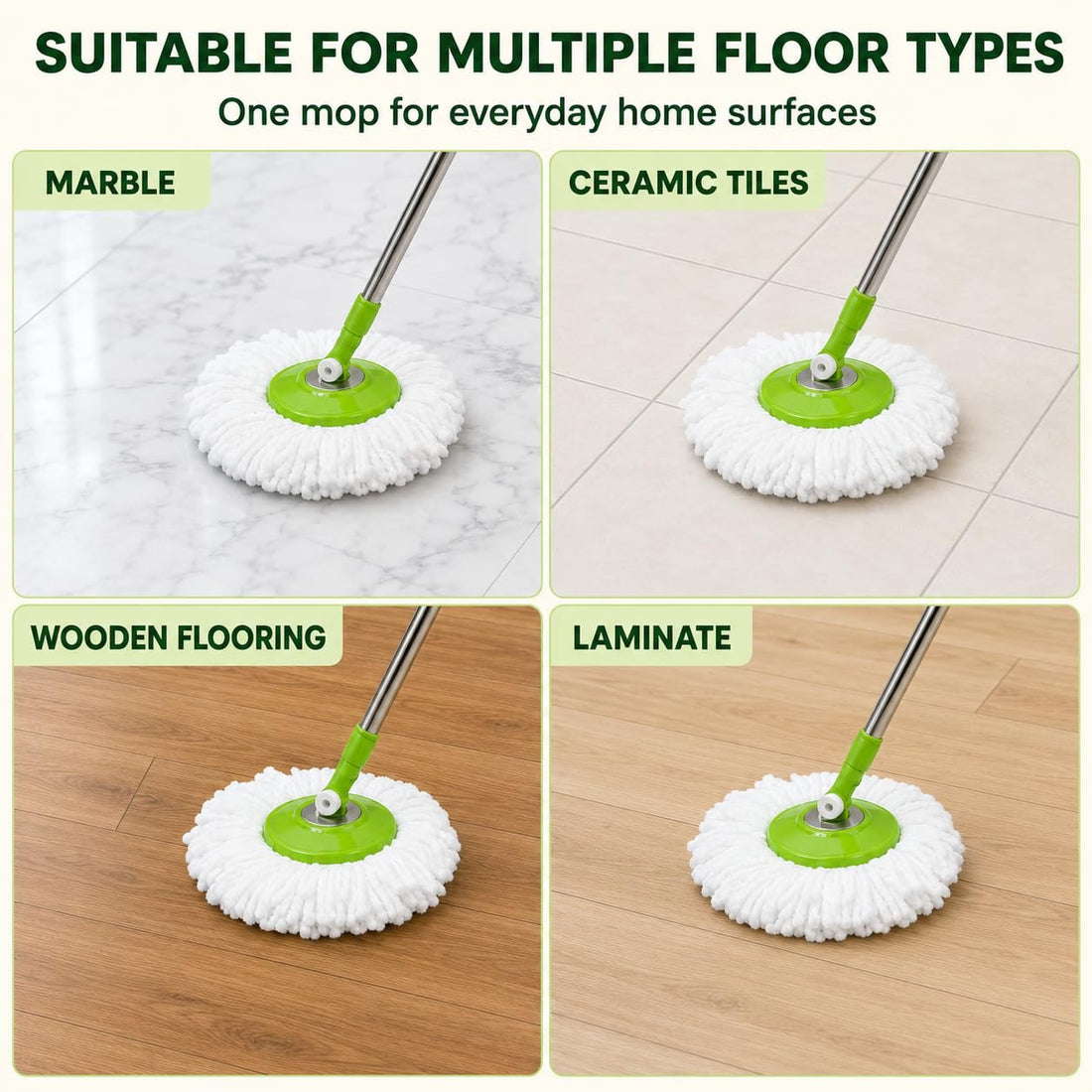Novita 360° Spin Mop Bucket Set | Steel Jali with Heavy Smart System | Easy Rinse | Telescopic Microfiber Mop |1+1 Refill | Pocha | Big Wheels | Removes Over 99%* Bacteria- (Green)