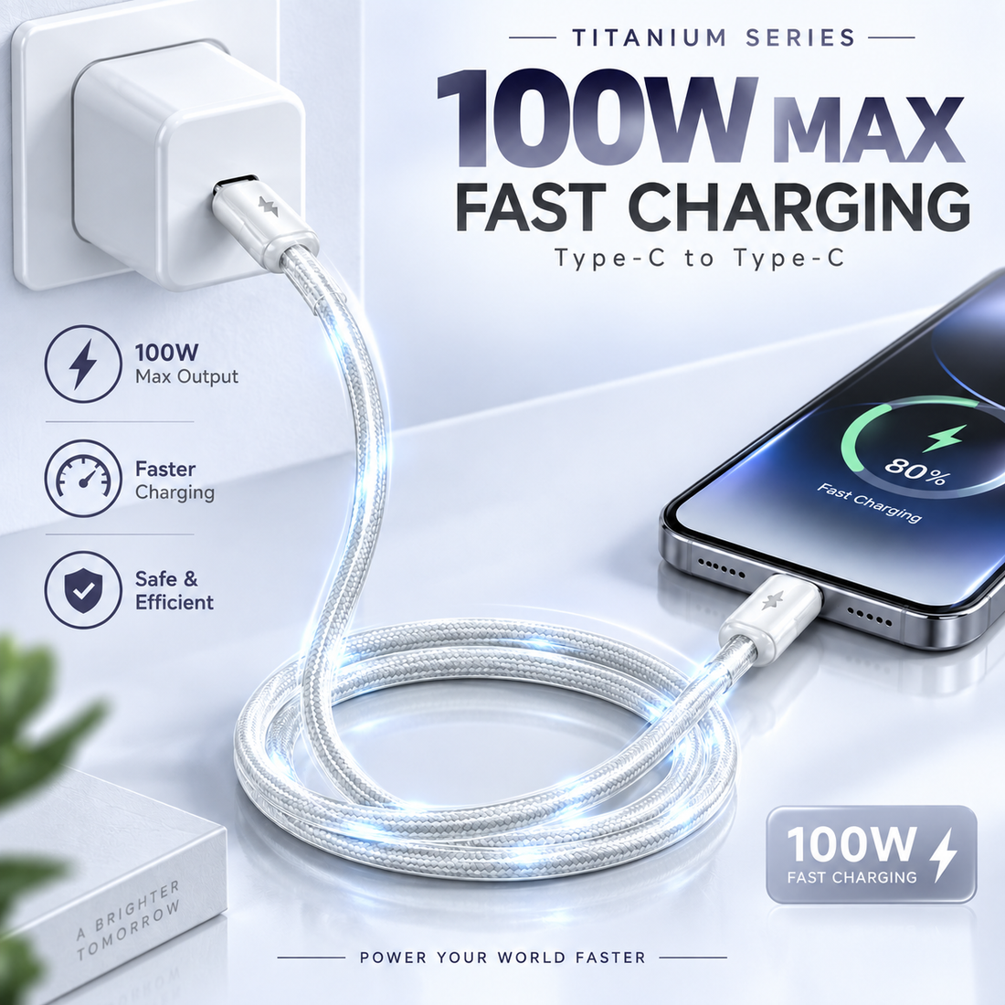 Futopia Titanium Series Low-Temperature Crystal Cable, Type-C to Type-C 100W Fast Charging, Compatible with iPhone 15–17 & Android