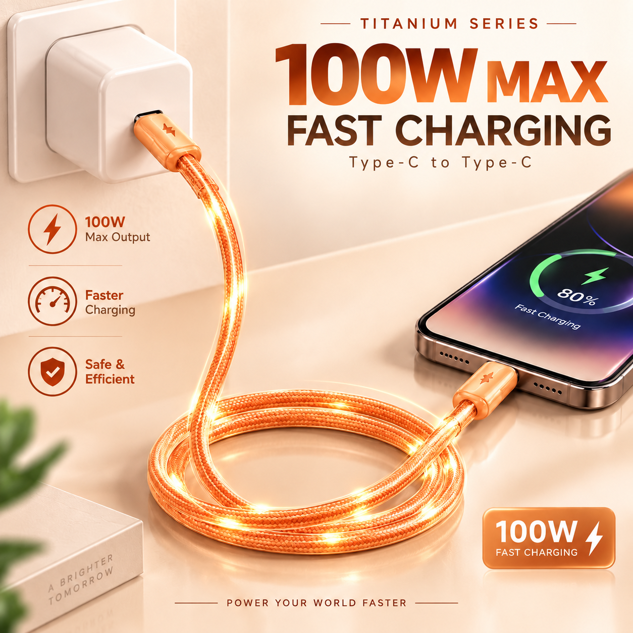 Futopia Titanium Series Low-Temperature Crystal Cable, Type-C to Type-C 100W Fast Charging, Compatible with iPhone 15–17 & Android