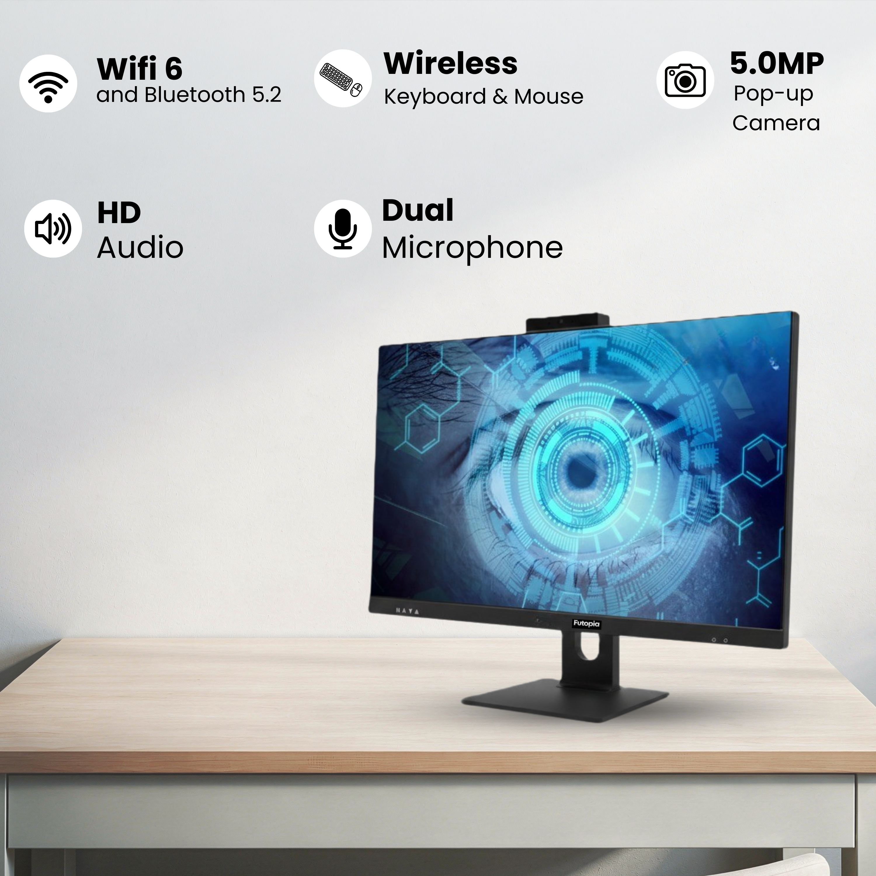 FUTOPIA A223261 All-in-One Desktop PC | AMD Ryzen 7 8700G | 27" Full HD IPS Display | 32GB DDR5 RAM | 1TB NVMe SSD | Windows 11 Pro | WiFi 6 | Webcam & Mic