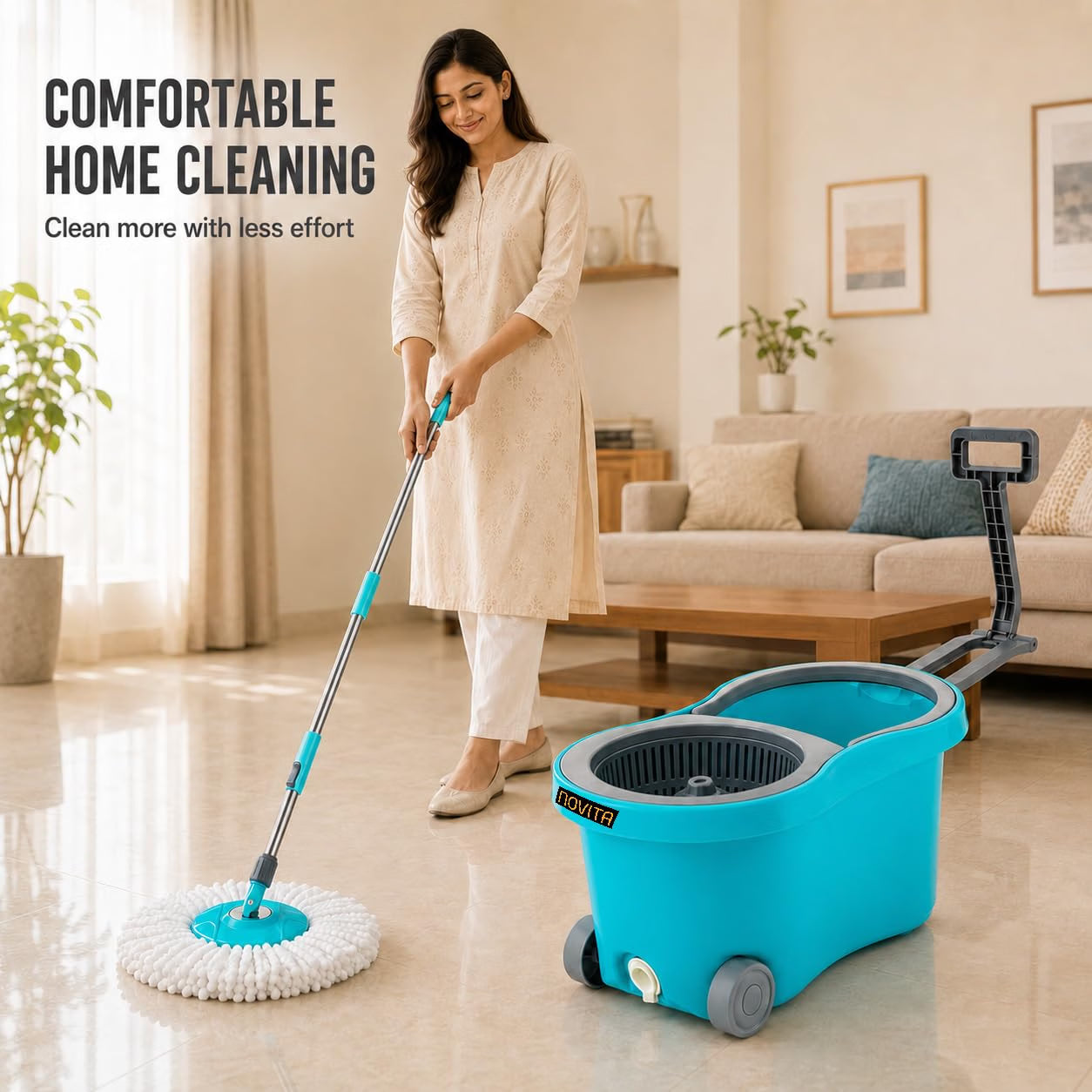 Novita 360° Spin Mop Bucket Set | Plastic Jali with Heavy Smart System | Easy Rinse | Telescopic Microfiber Mop |1+1 Refill | Pocha | Wheels | Removes Over 99%* Bacteria- (Aqua Blue)