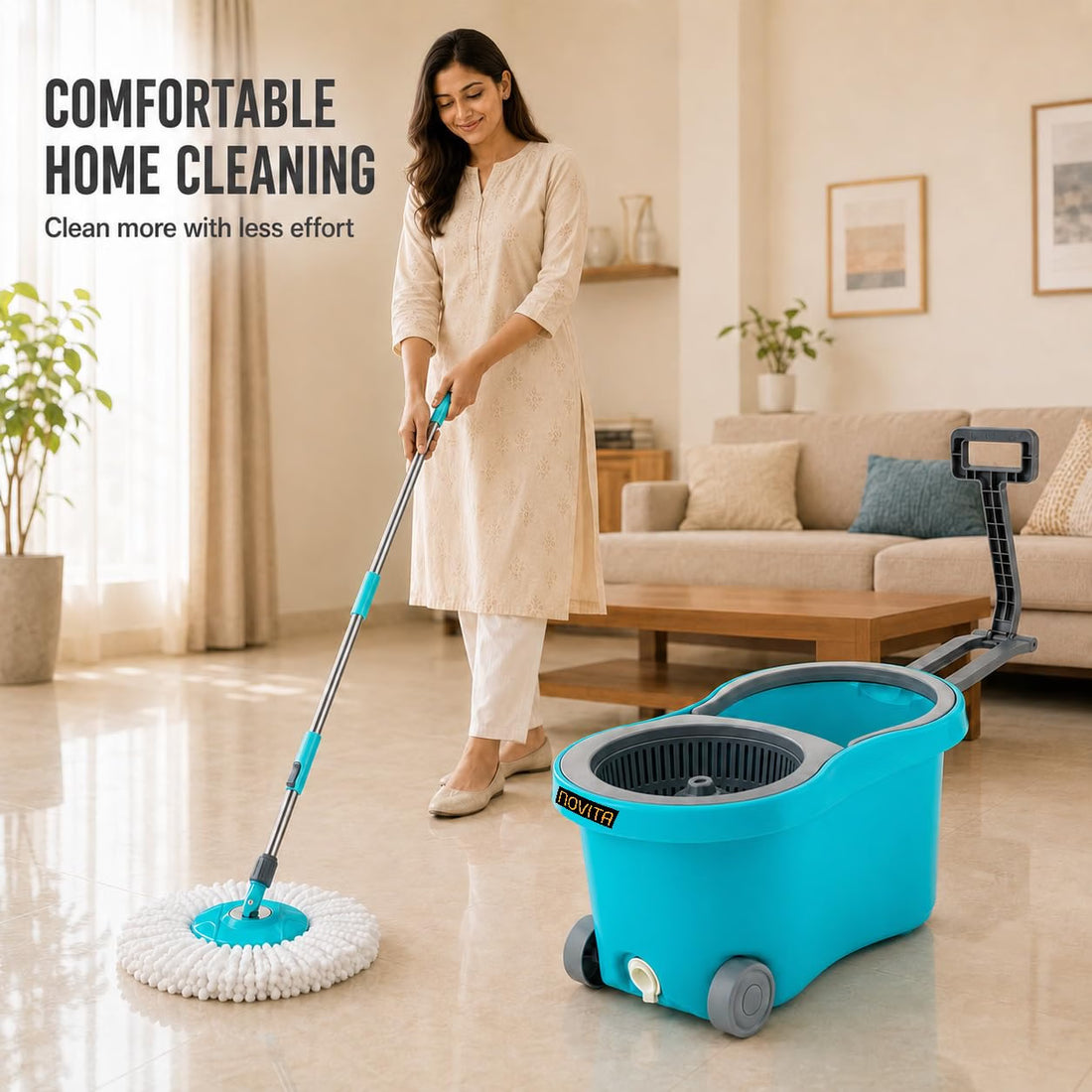 Novita 360° Spin Mop Bucket Set | Plastic Jali with Heavy Smart System | Easy Rinse | Telescopic Microfiber Mop |1+1 Refill | Pocha | Wheels | Removes Over 99%* Bacteria- (Aqua Blue)