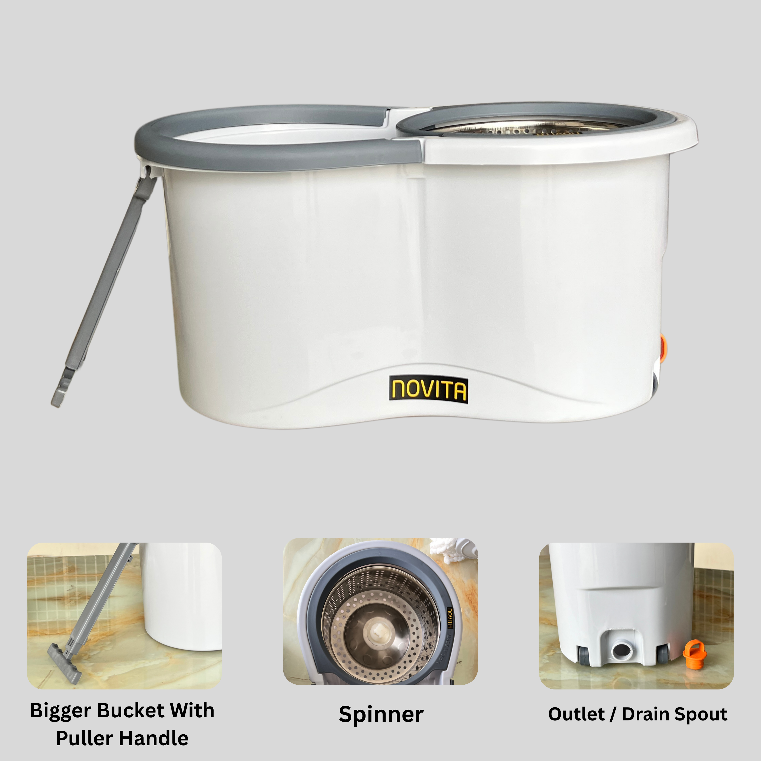 NOVITA 360° Spin Mop Bucket Combo with Steel Handle, Microfiber Refill, Drain System & Wheels – White & Grey