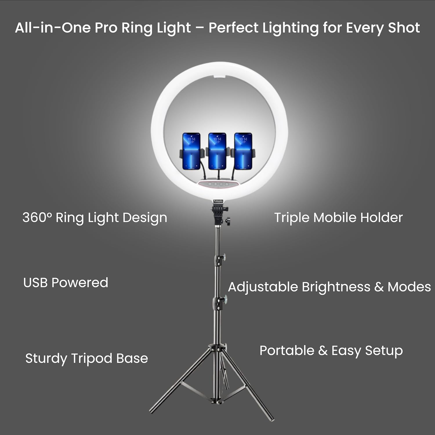 Futopia Professional 45cm (18 Inch) Studio LED Ring Light with Tripod & Remote | 2700–6500K Adjustable Color Lighting | AC Power | 3 Mobile Holders Perfect for Photo & Video Shoot, Instagram Reels
