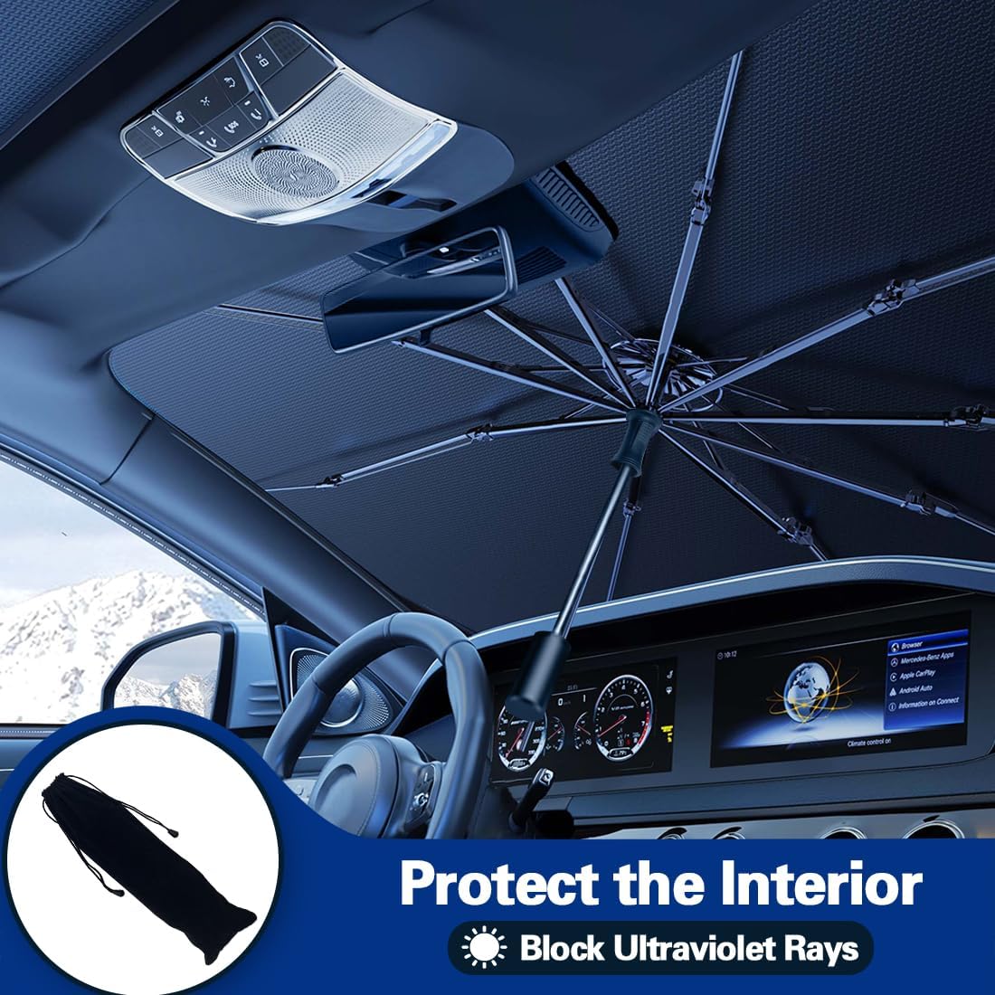 Novita Windshield Sun Shade Umbrella, Foldable Car Umbrella Sunshade with UV Block Car Front Window (Heat Insulation Protection) for Auto Windshield Covers Blackout Trucks Cars (Large)