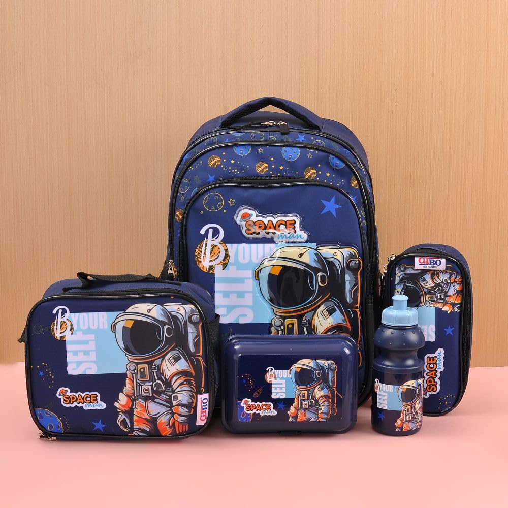 5-in-1 Astro Space School Bag Set for Kids - Backpack with 3 Chains, 2 Side Pockets, Insulated Lunch Bag, Lunch Box, Water Bottle & Pencil Case - Durable & Ergonomic Design