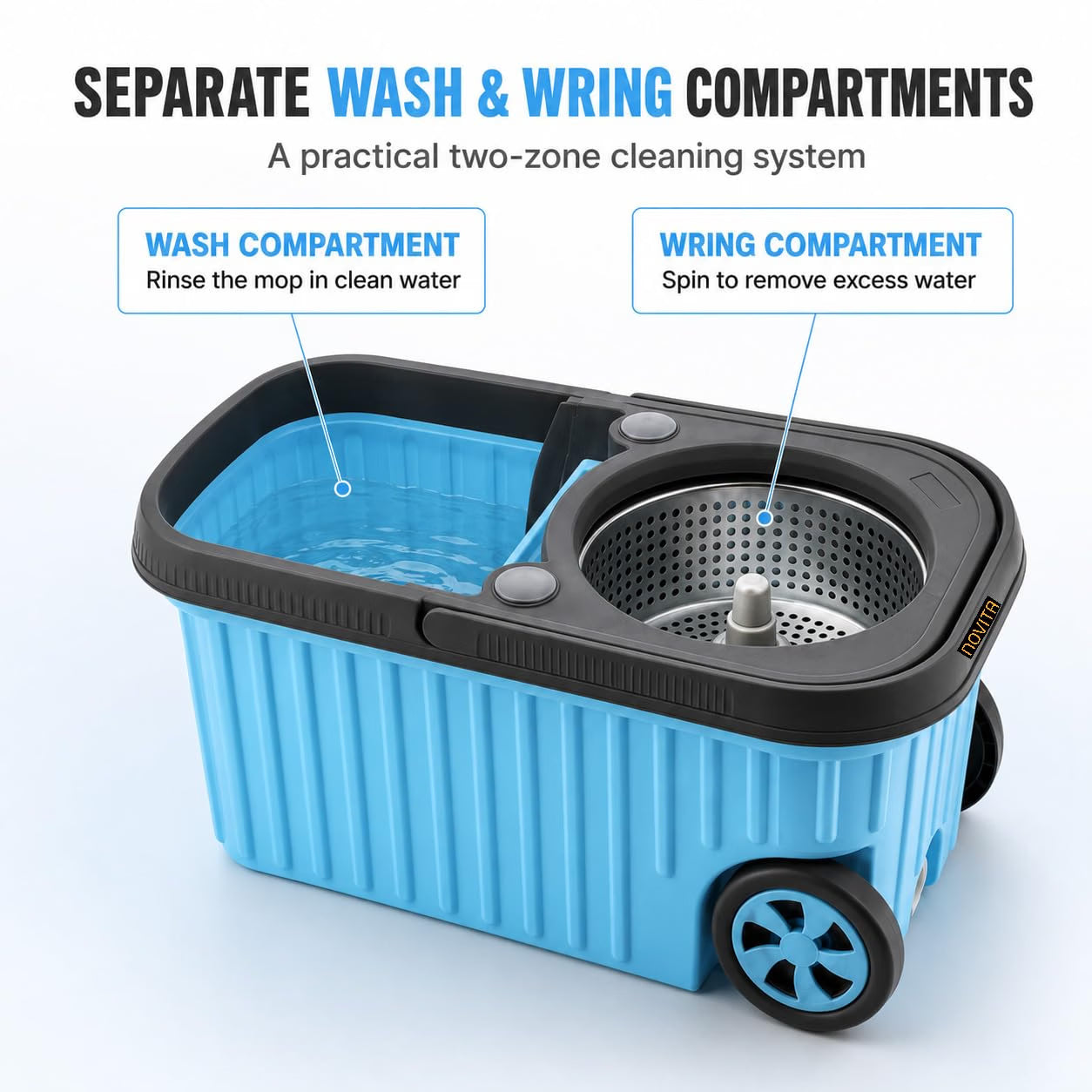 Novita 360° Spin Mop Bucket Set | Steel Jali with Heavy Smart System | Easy Rinse | Telescopic Microfiber Mop & Soap Dispenser |1+1 Refill | Pocha | Big Wheels | Removes Over 99%* Bacteria- (Blue)