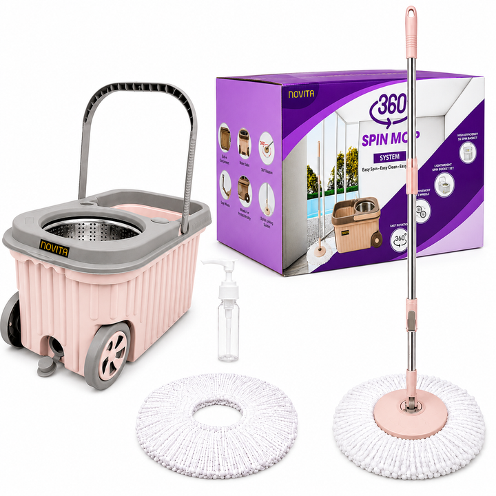 Novita Premium 360° Spin Mop Bucket Set | Steel Jali with Heavy Smart System | Easy Rinse | Telescopic Microfiber Mop & Soap Dispenser |1+1 Refill | Pocha | Big Wheels | Removes Over 99%* Bacteria