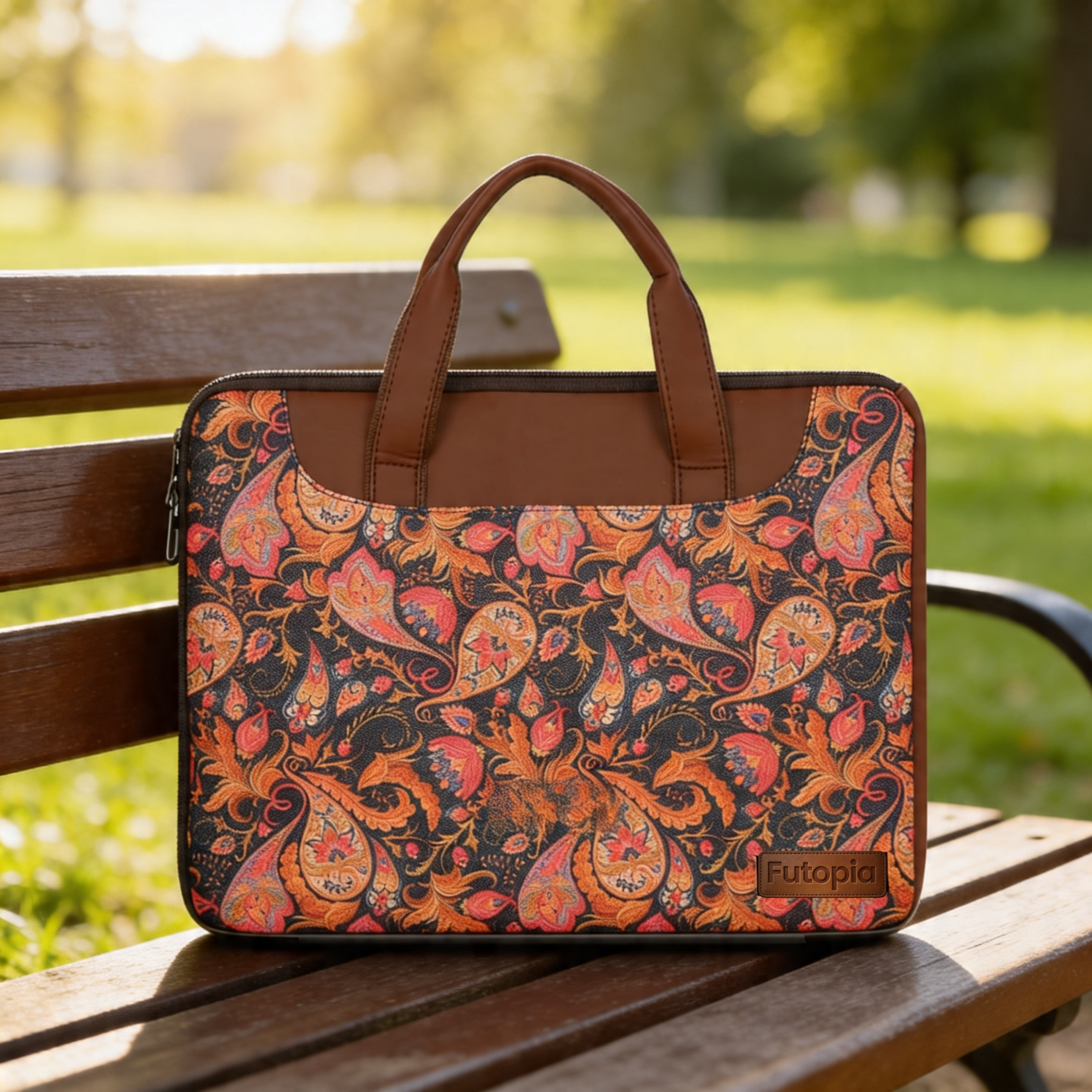 Futopia Stylish Printed Laptop Sleeve Bag 15.6–16 Inch with Handle, Jute & Vegan Leather Design Case Cover, Water Resistant & Shockproof, Soft Padded Interior for Men & Women (Office & Travel)