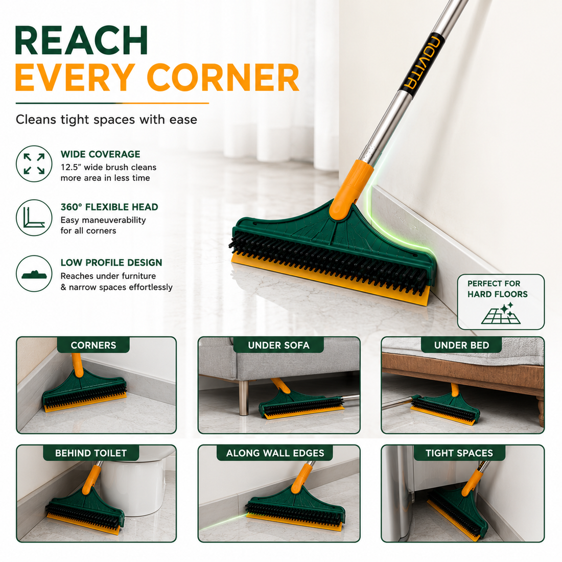Novita 3-in-1 Bathroom Cleaning Brush with Wiper, Long Handle 180° Rotating Floor Scrub Brush, Hard Bristle Tile & Toilet Cleaning Brush for Bathroom, Kitchen