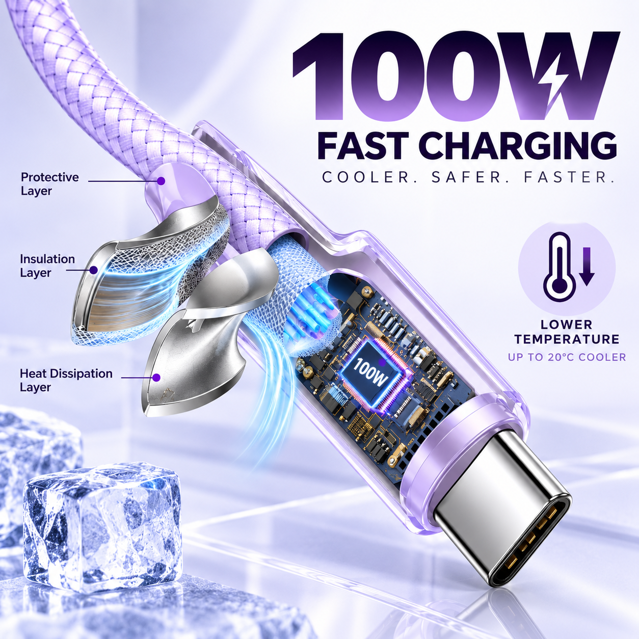 Futopia Titanium Series Low-Temperature Crystal Cable, Type-C to Type-C 100W Fast Charging, Compatible with iPhone 15–17 & Android