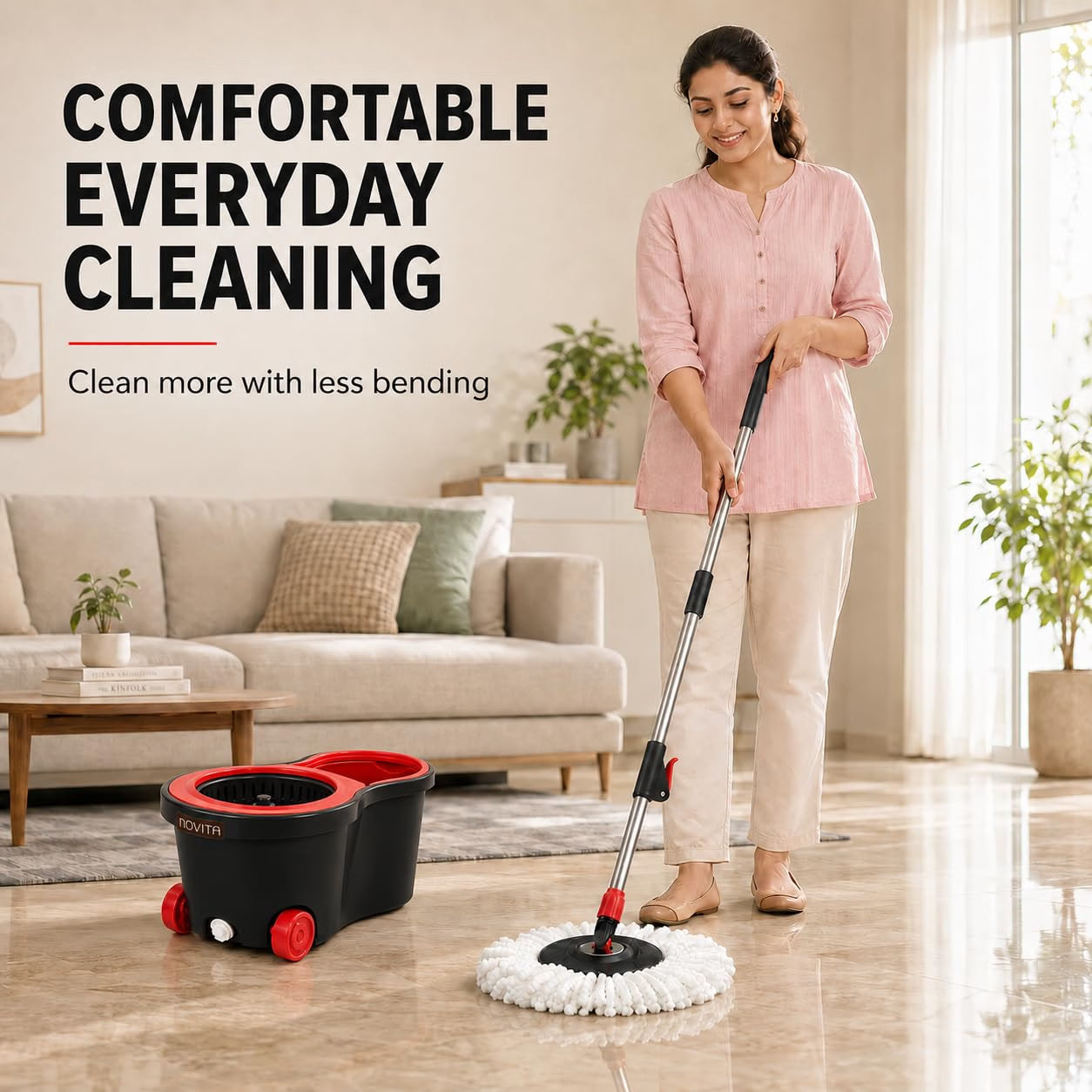 Novita 360° Spin Mop Bucket Set | Plastic Jali with Smart System | Easy Rinse | Telescopic Microfiber Mop |1+1 Refill | Pocha | Wheels | Removes Over 99%* Bacteria- (Red & Black)
