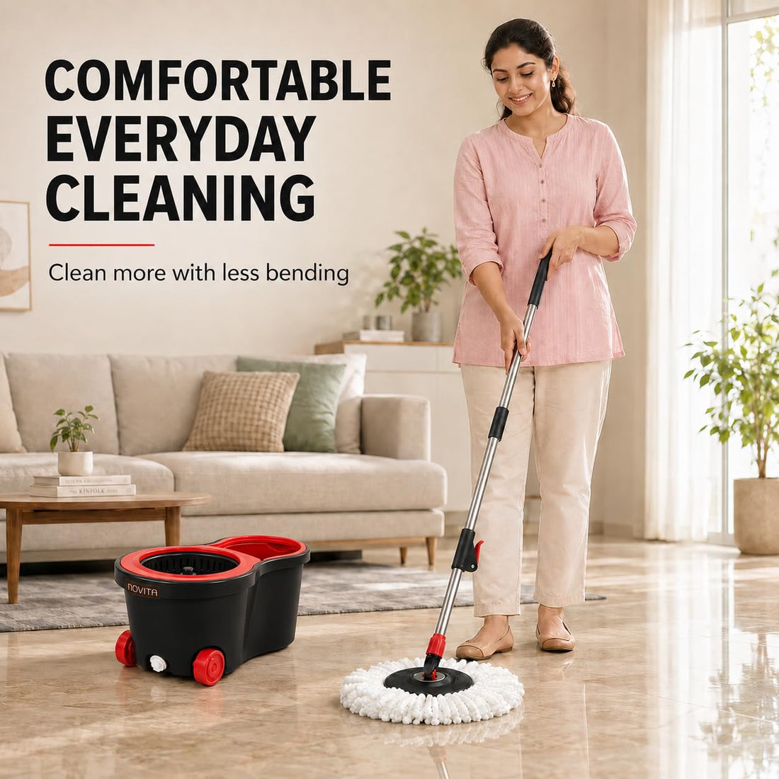 Novita 360° Spin Mop Bucket Set | Plastic Jali with Smart System | Easy Rinse | Telescopic Microfiber Mop |1+1 Refill | Pocha | Wheels | Removes Over 99%* Bacteria- (Red & Black)