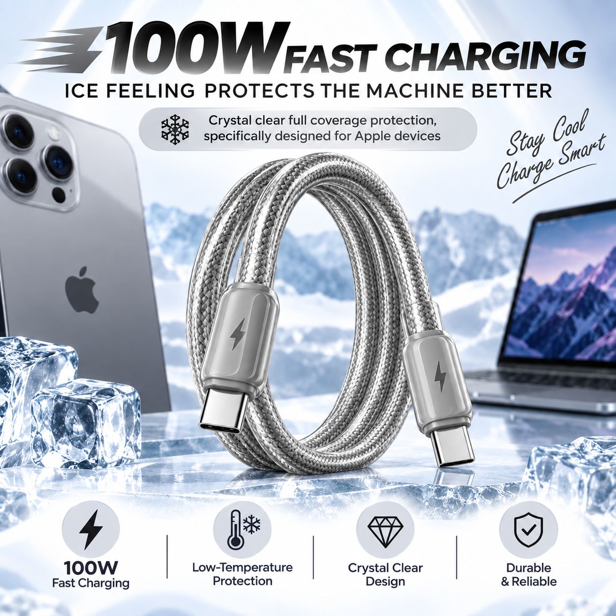 Futopia Titanium Series Low-Temperature Crystal Cable, Type-C to Type-C 100W Fast Charging, Compatible with iPhone 15–17 & Android