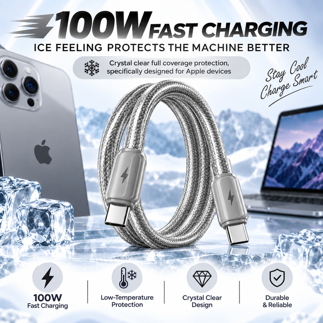Futopia Titanium Series Low-Temperature Crystal Cable, Type-C to Type-C 100W Fast Charging, Compatible with iPhone 15–17 & Android