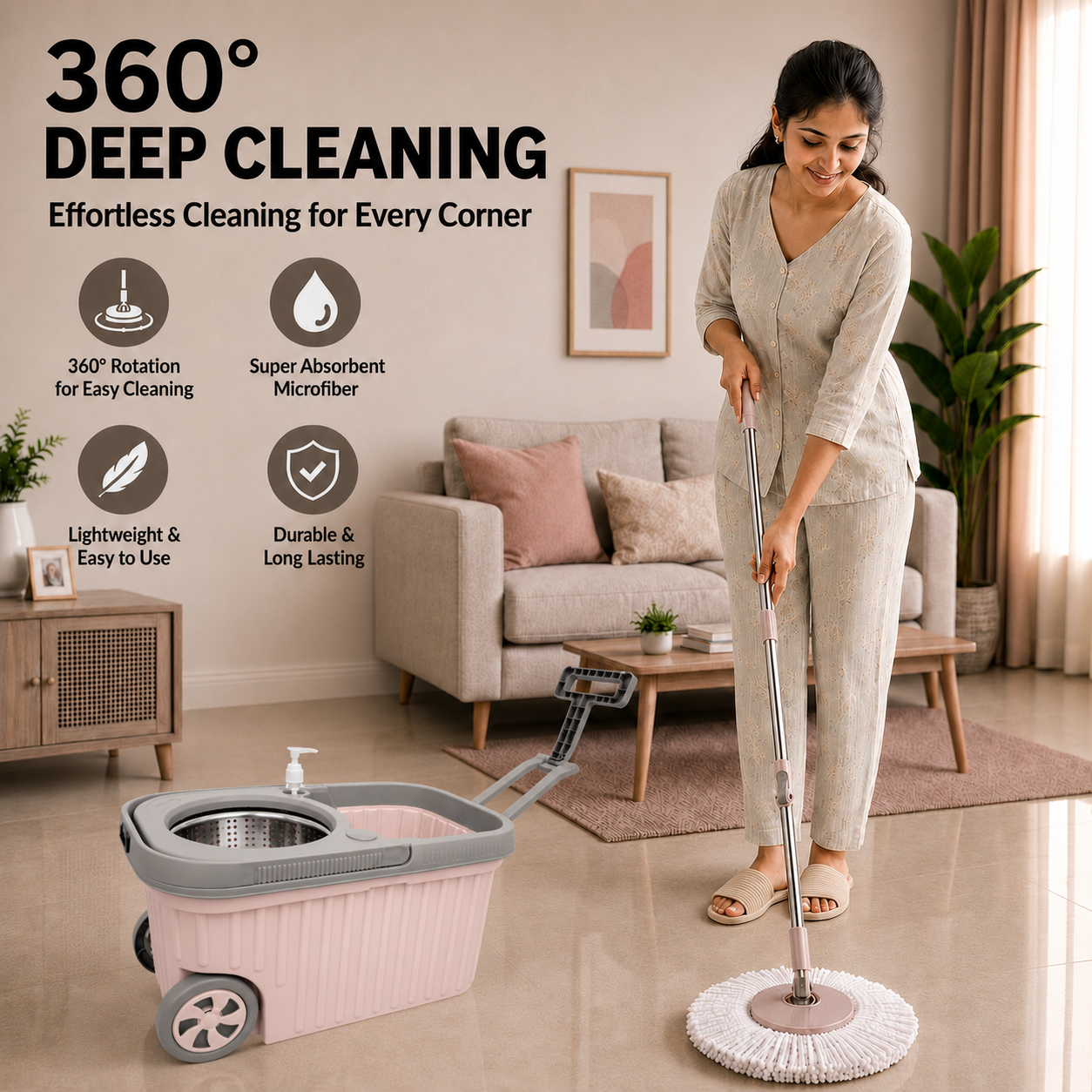Novita Premium 360° Spin Mop Bucket Set | Steel Jali with Heavy Smart System | Easy Rinse | Telescopic Microfiber Mop & Soap Dispenser |1+1 Refill | Pocha | Big Wheels | Removes Over 99%* Bacteria