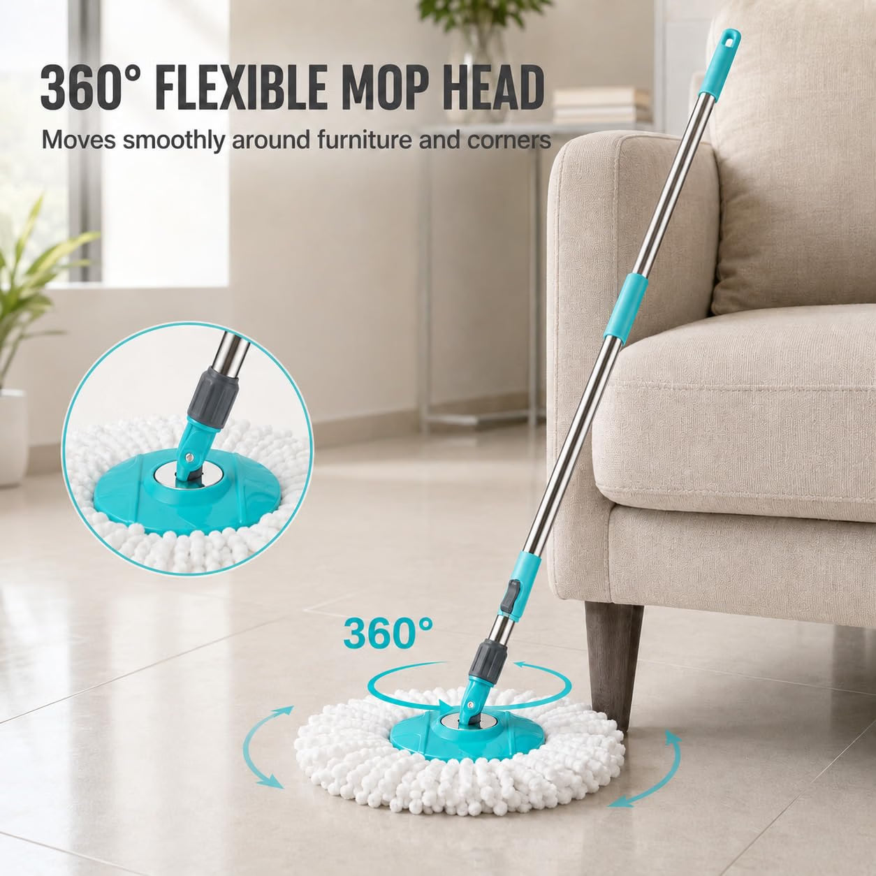 Novita 360° Spin Mop Bucket Set | Plastic Jali with Heavy Smart System | Easy Rinse | Telescopic Microfiber Mop |1+1 Refill | Pocha | Wheels | Removes Over 99%* Bacteria- (Aqua Blue)