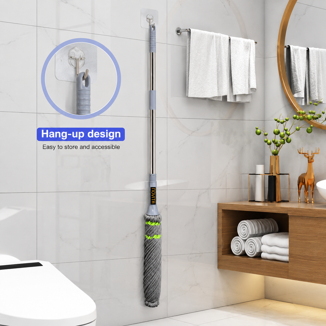 Novita Self-Wringing Twist Mop – Easy Squeeze Floor Cleaner with 360 Degree Rotation, Extendable Stainless Steel Long Handle & Super Absorbent Microfiber Heads for Home & Office Floor Cleaning