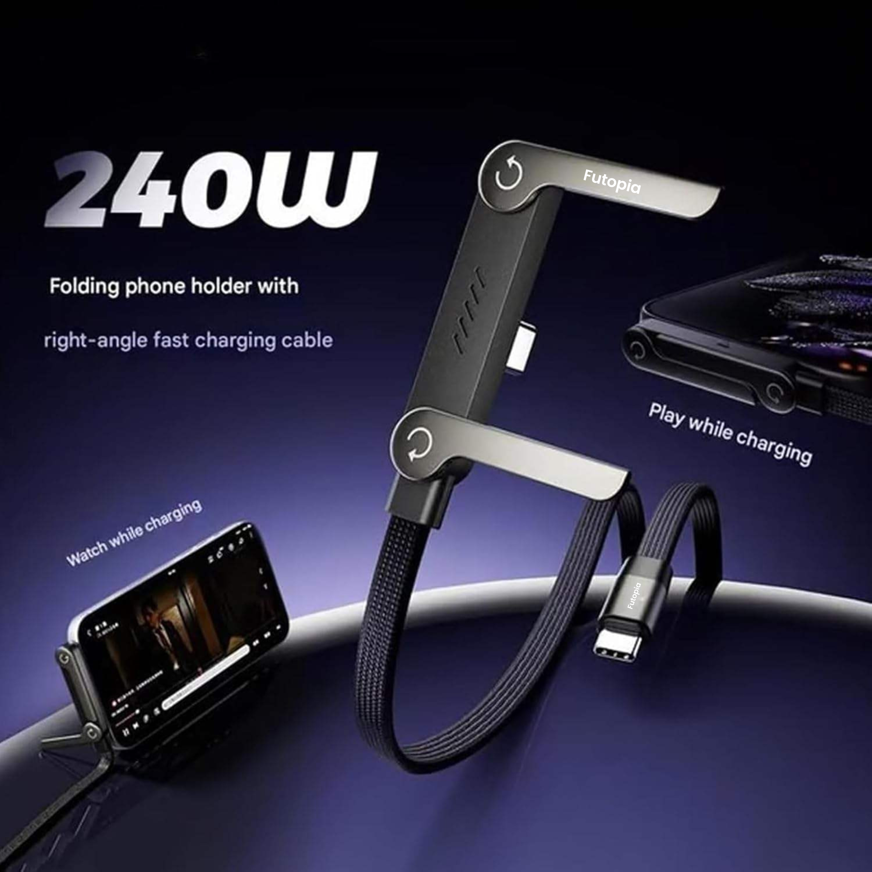 Futopia 2-in-1 240W Fast Charging Type-C to Type-c Cable with Built-in Adjustable Metal Invisible Holder Phone Stand | 1.5m Durable Braided Cable for Smartphones, Tablets, Laptops, Gaming - Black