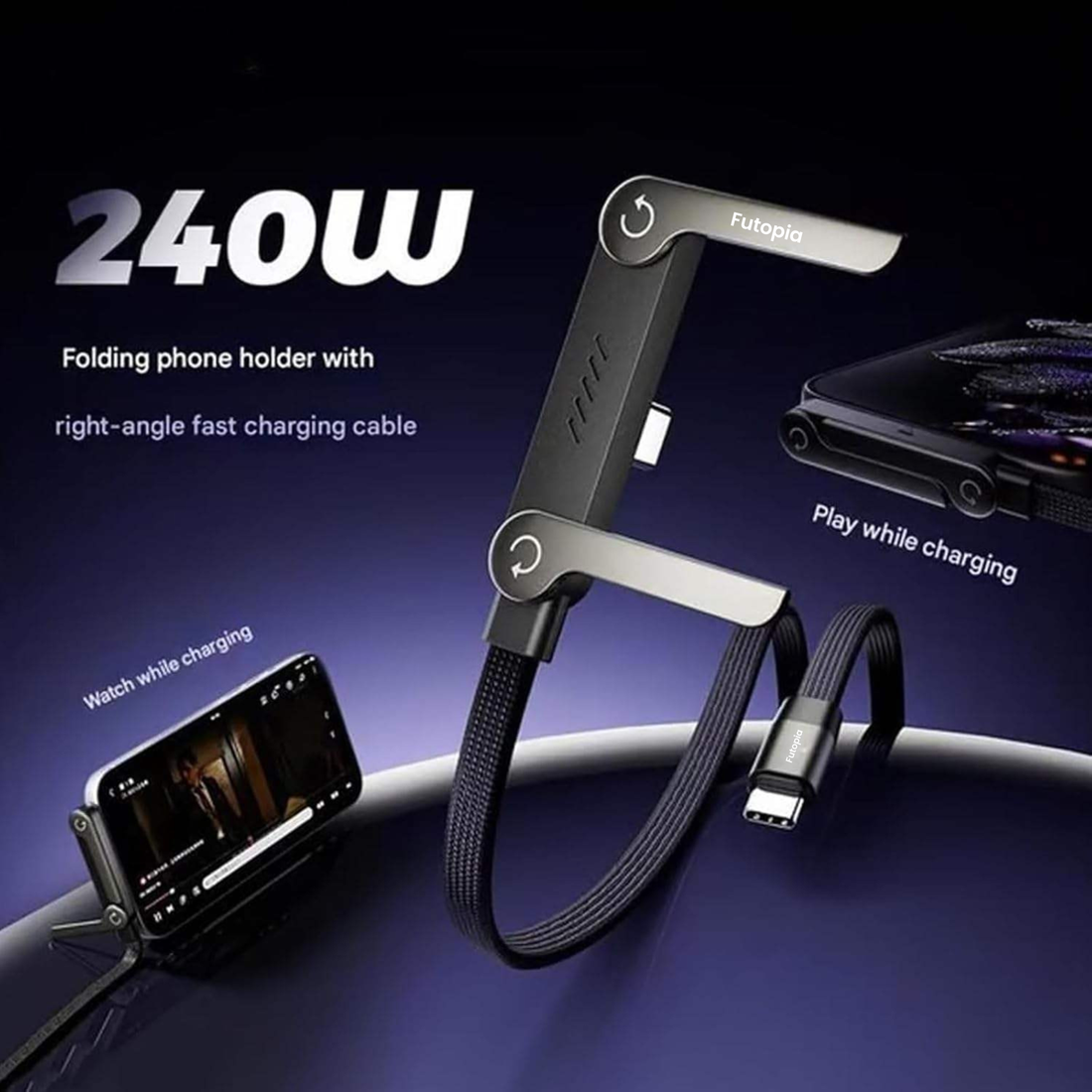 Futopia 2-in-1 240W Fast Charging Type-C to Type-c Cable with Built-in Adjustable Metal Invisible Holder Phone Stand | 1.5m Durable Braided Cable for Smartphones, Tablets, Laptops, Gaming - Black