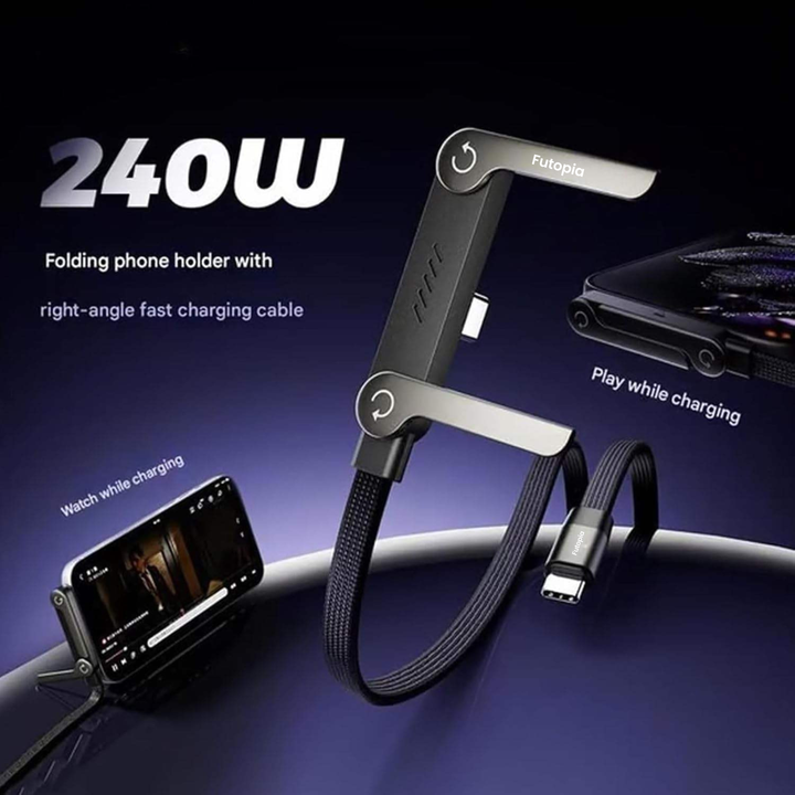 Futopia 2-in-1 240W Fast Charging Type-C to Type-c Cable with Built-in Adjustable Metal Invisible Holder Phone Stand | 1.5m Durable Braided Cable for Smartphones, Tablets, Laptops, Gaming - Black